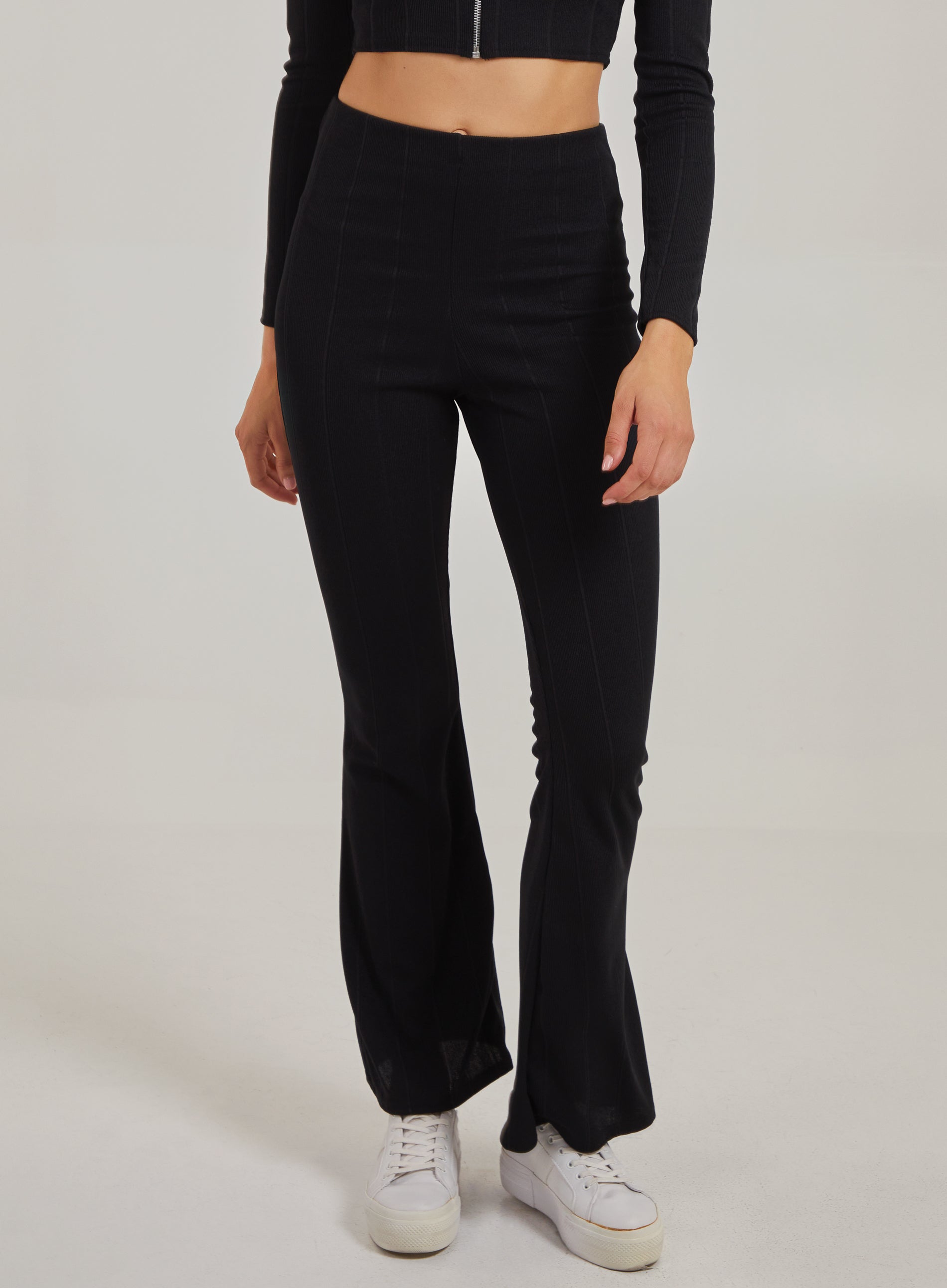 Pink Vanilla Womens Wide Ribbed Flare Trousers - Black - Size Large - Secret Sales