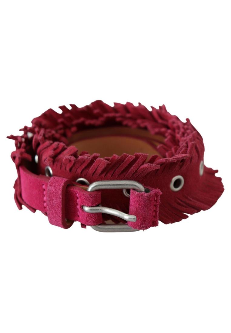 Ermanno Scervino WoMens Maroon Leather Fringes Silver Buckle Waist Belt - Brown - Size 95 cm