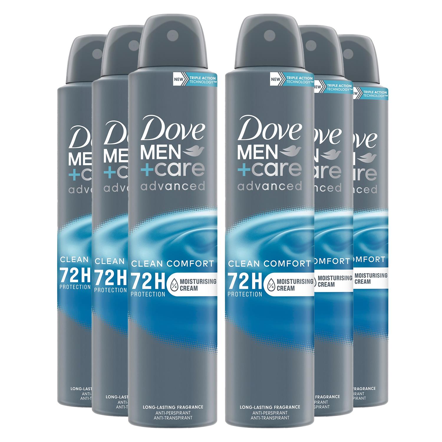 Dove Mens Anti-Perspirant Men+Care Advanced Clean Comfort 72H Protection Deo, 200ml, 6 Pack - Cream - One Size