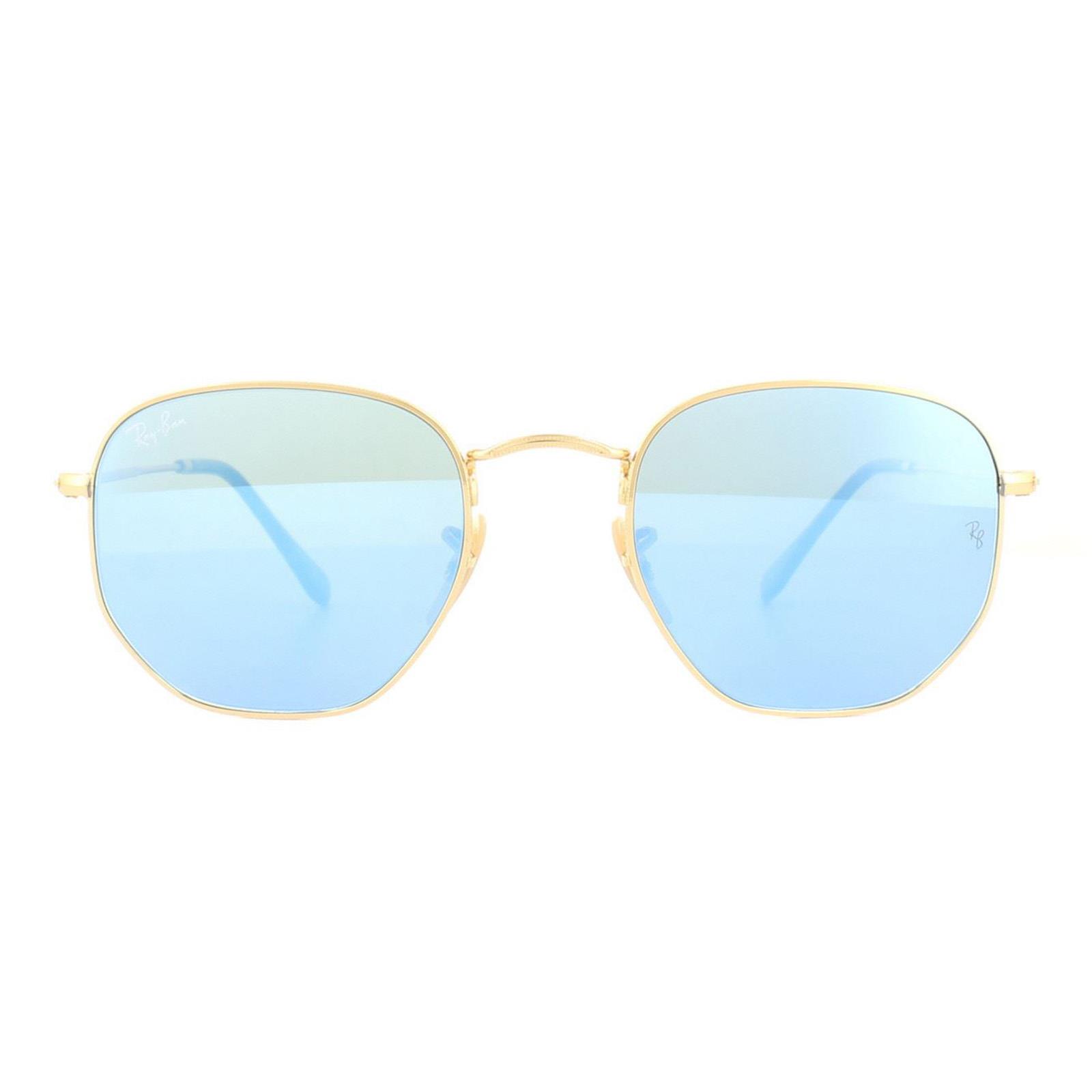 Ray-Ban Womens Sunglasses Hexagonal 3548N 001/9O Gold Light Blue Gradient Mirror 54mm Metal - One Size