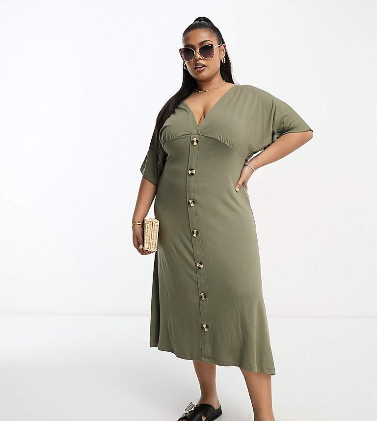 Asos Curve Womens Design Flutter Sleeve Midi Tea Dress With Buttons In Khaki-Green - Size 26 Uk