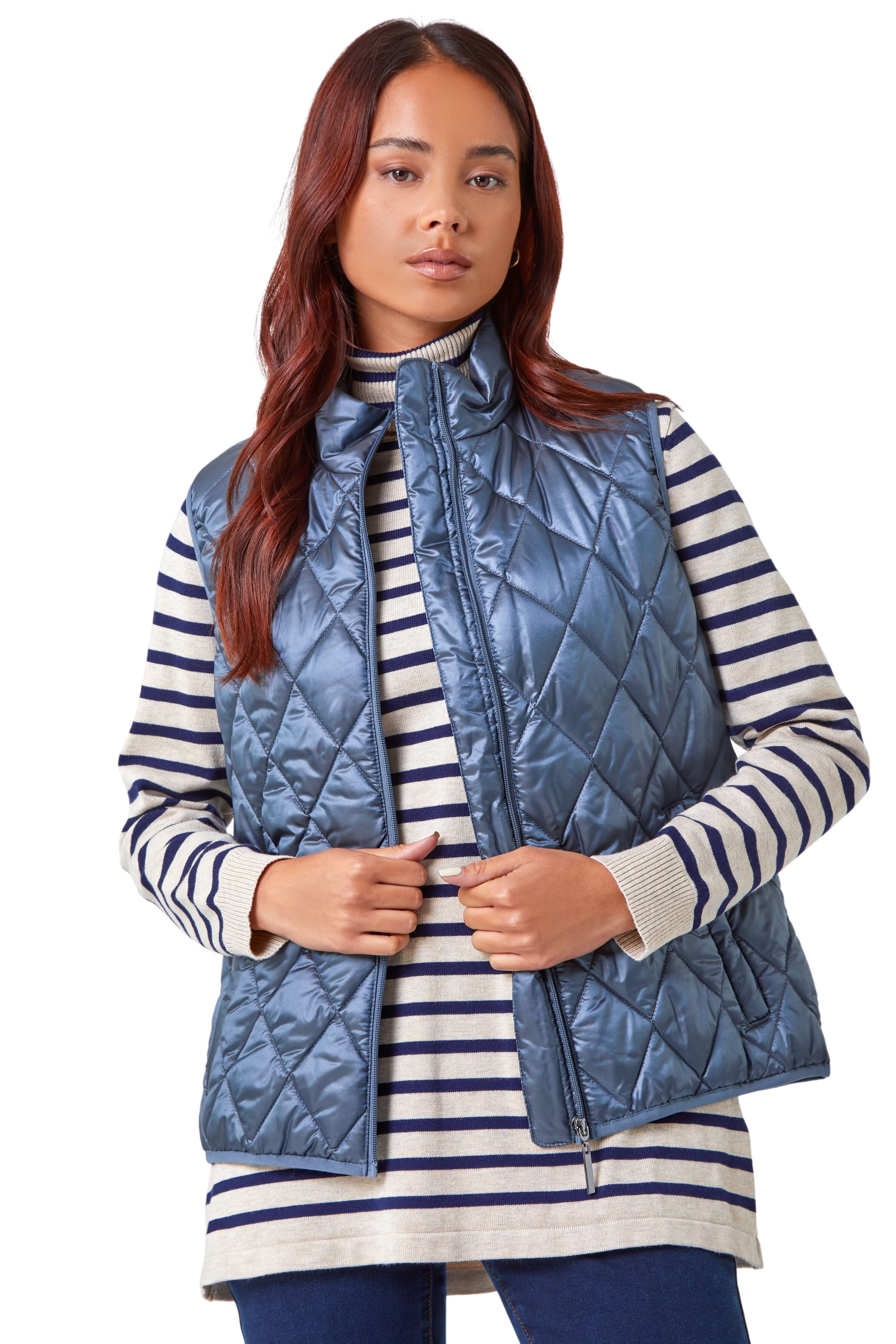 Roman Petite Womens Hooded Quilted Gilet - Blue - Size 14 UK