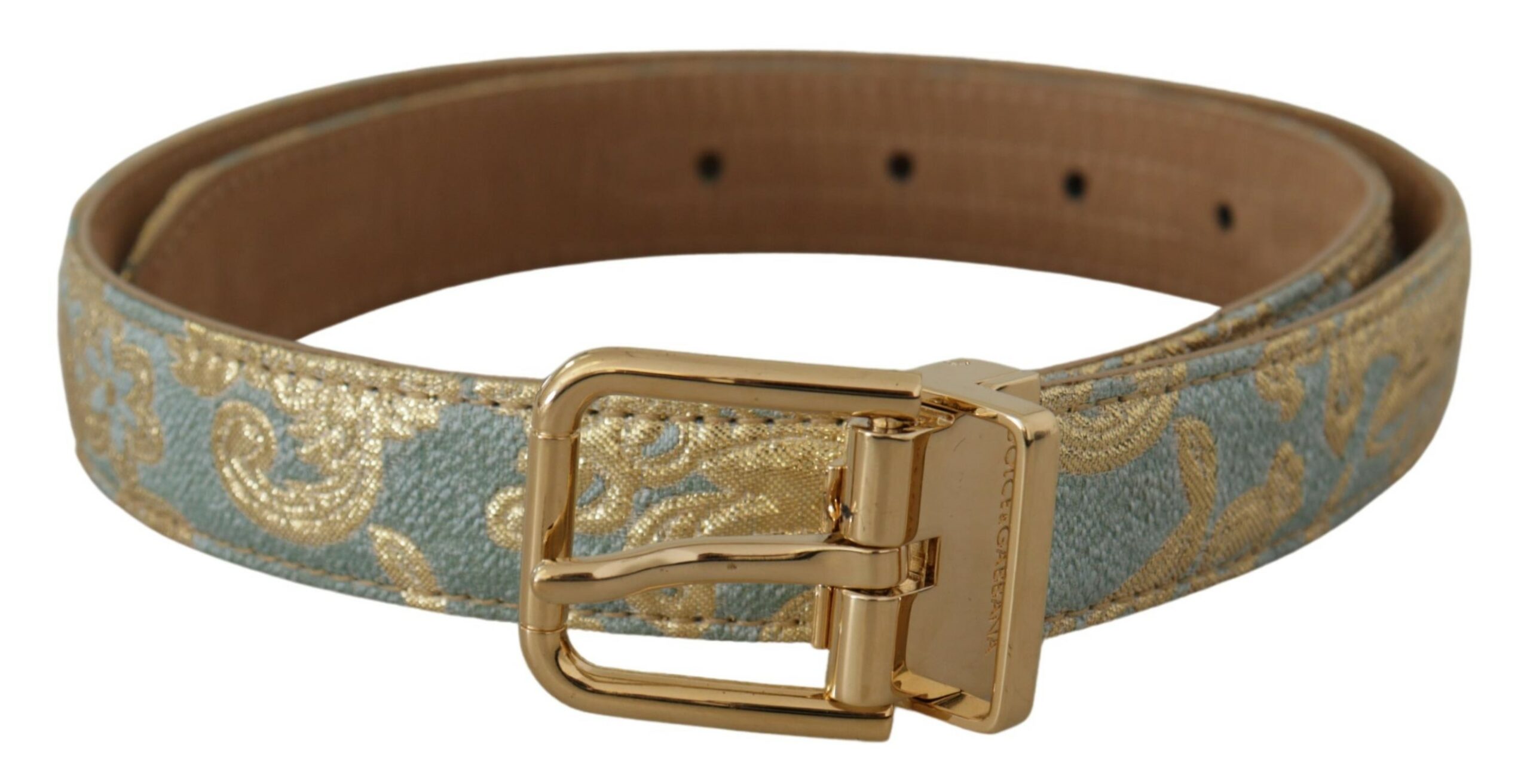 Dolce & Gabbana WoMens Blue Leather Jacquard Embossed Gold Metal Buckle Belt - Light Blue Canvas (archived) - Size 65 cm