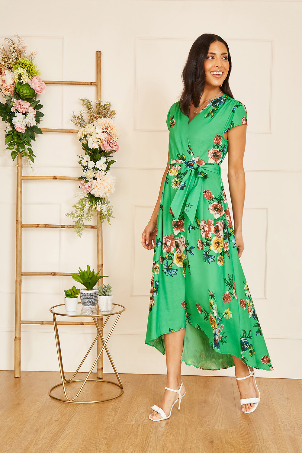 Mela London Womens Green Bright Floral Dip Hem Wrap Midi Dress - Size 20 UK