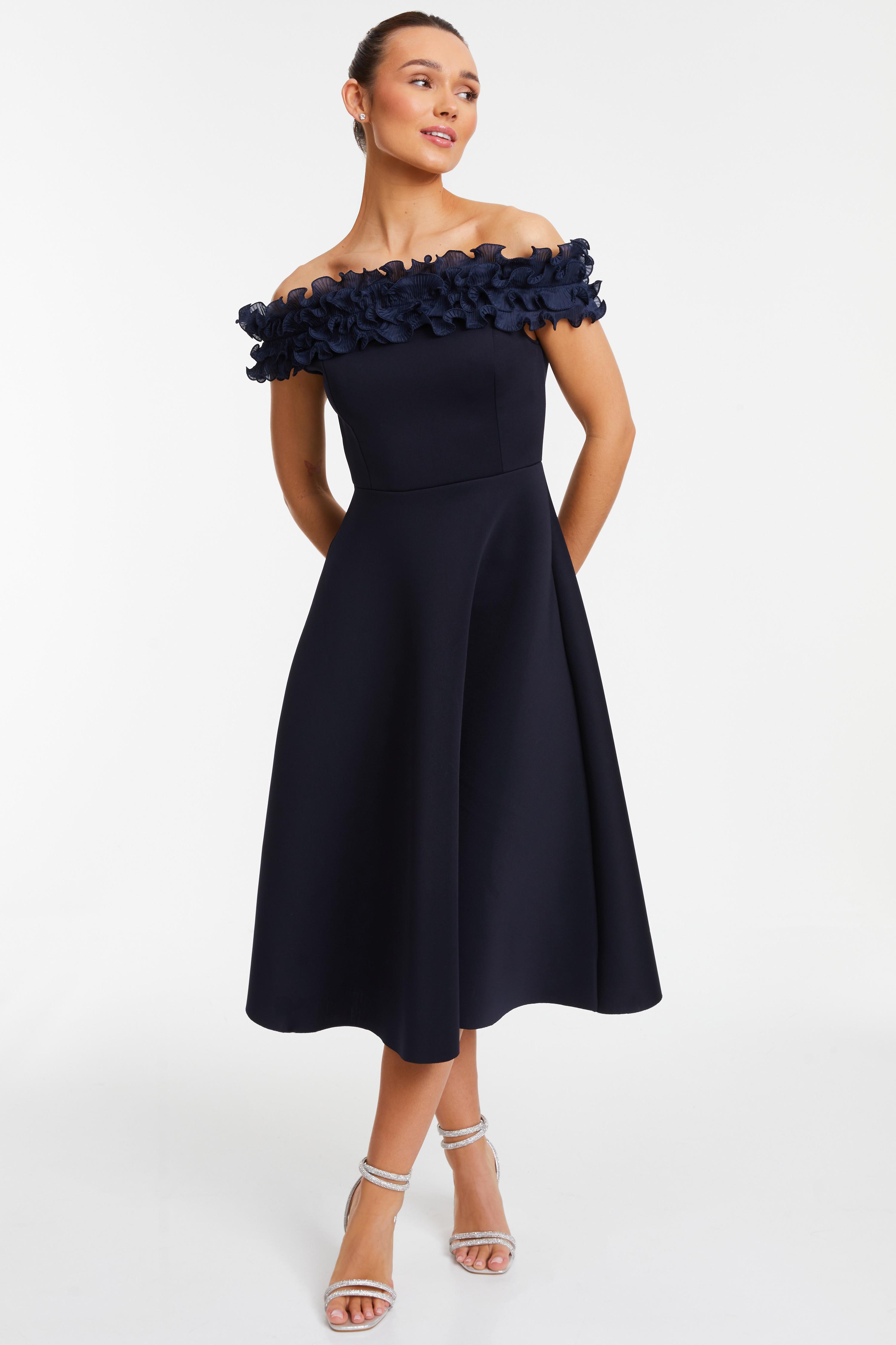 Quiz Womens Navy Bardot Ruffle Skater Midi Dress - Blue - Size 10 Uk