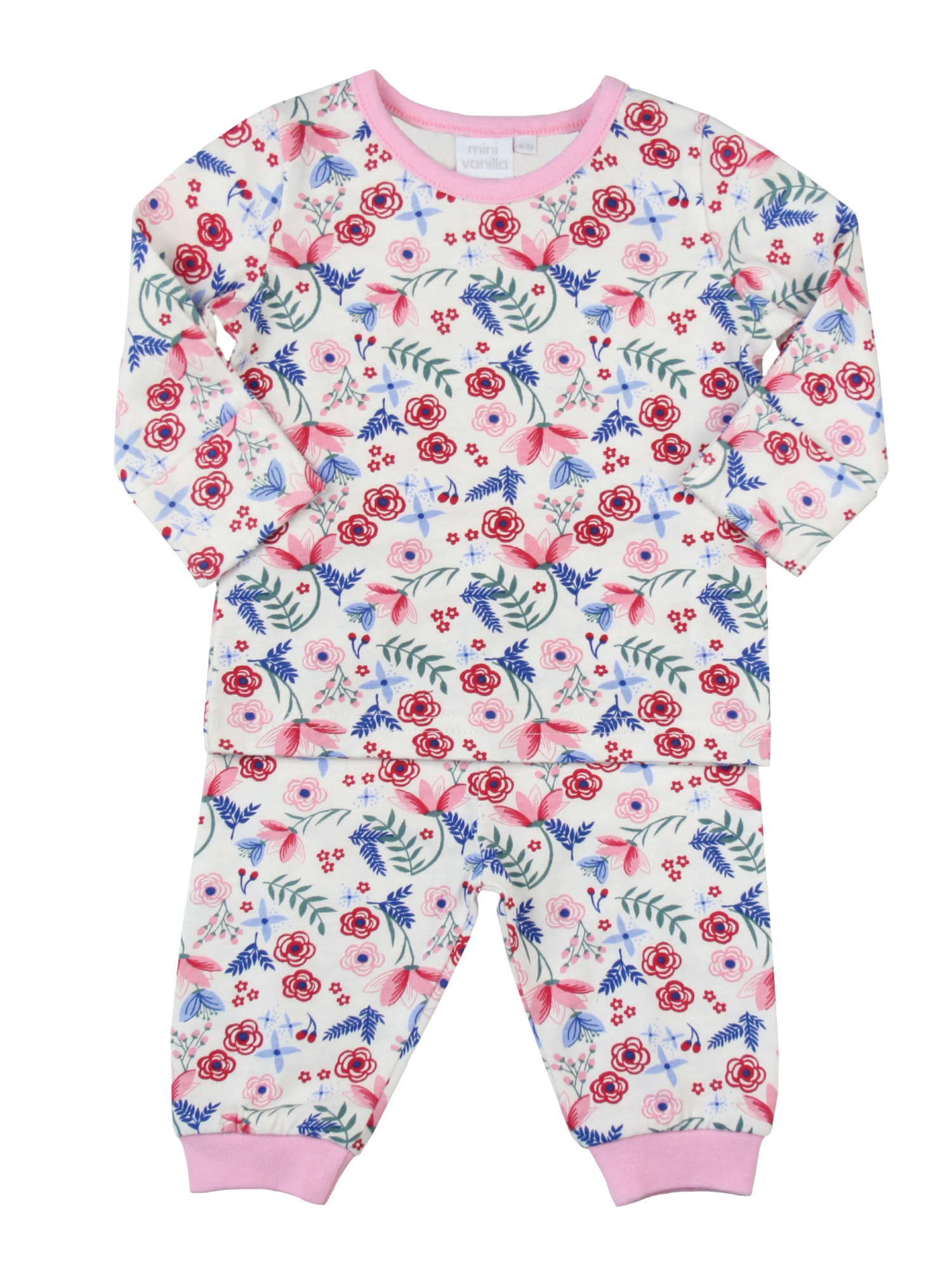 Mini Vanilla Baby Girl Winter Floral Print Pyjamas with Integrated Scratch Mitts - Pink Cotton - Size 12-18M