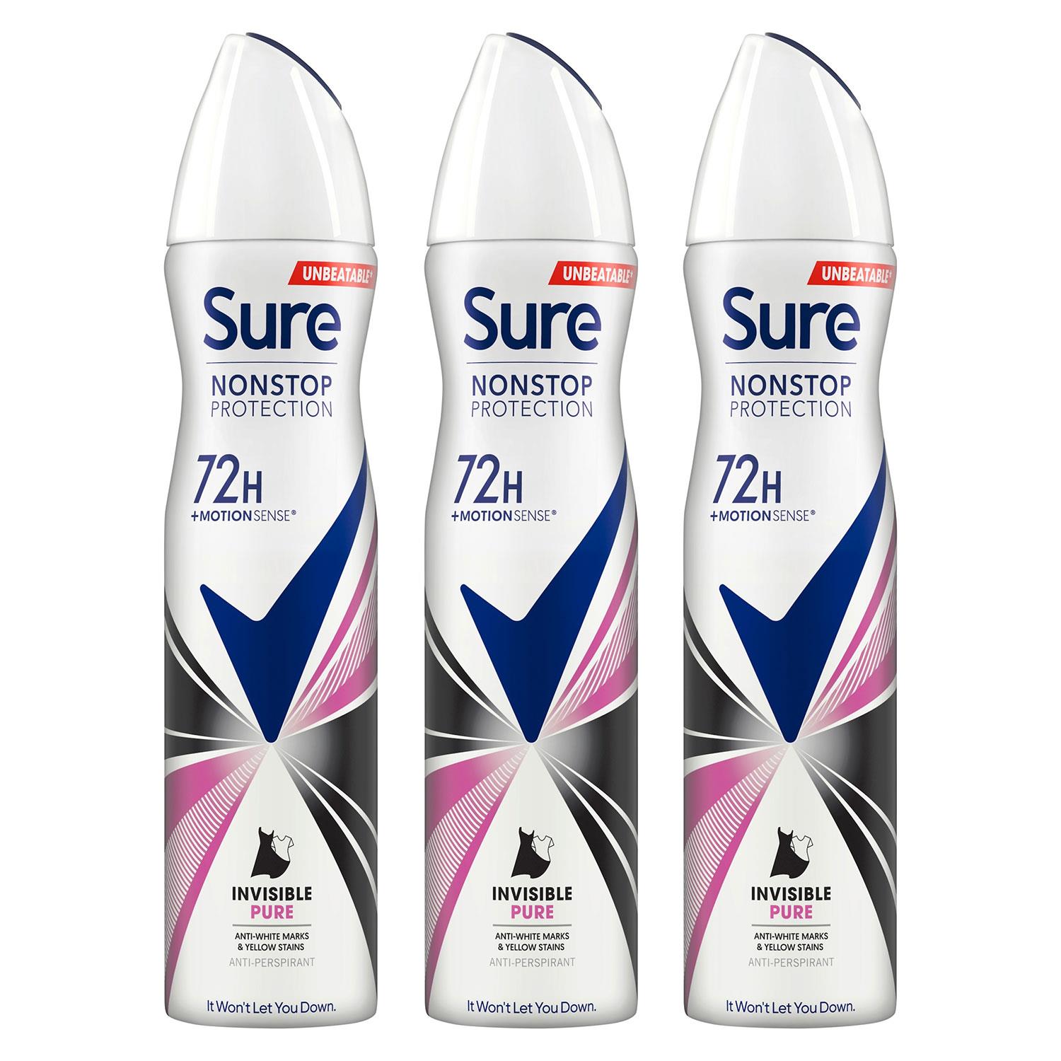 Sure Womens Women Antiperspirant 72H Nonstop Protection Invisible Pure Deodorant 250ml, 3 Pack - One Size