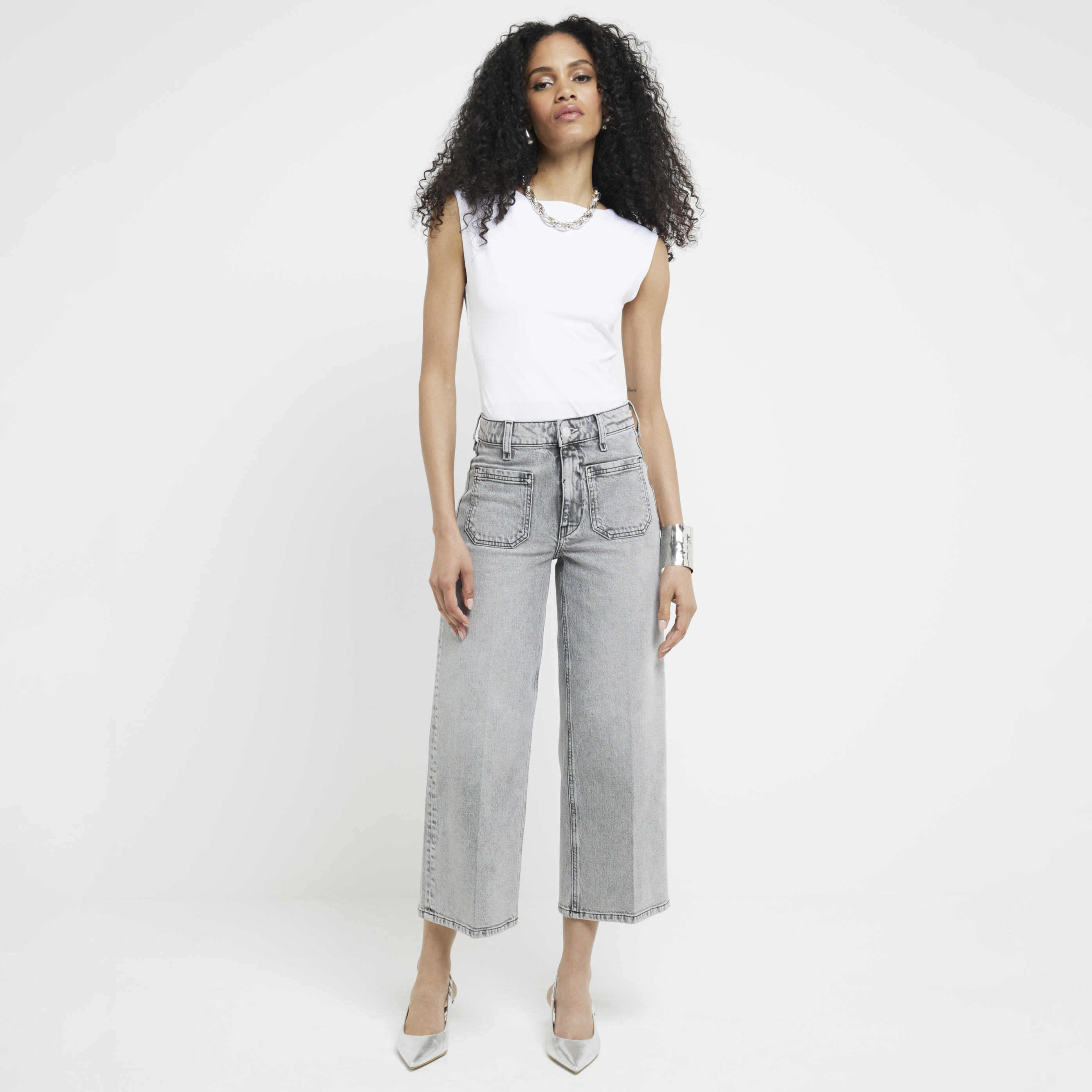 River Island Womens Wide Leg Jeans Grey High Waisted Cropped Fit material_cotton - Size 10 Short