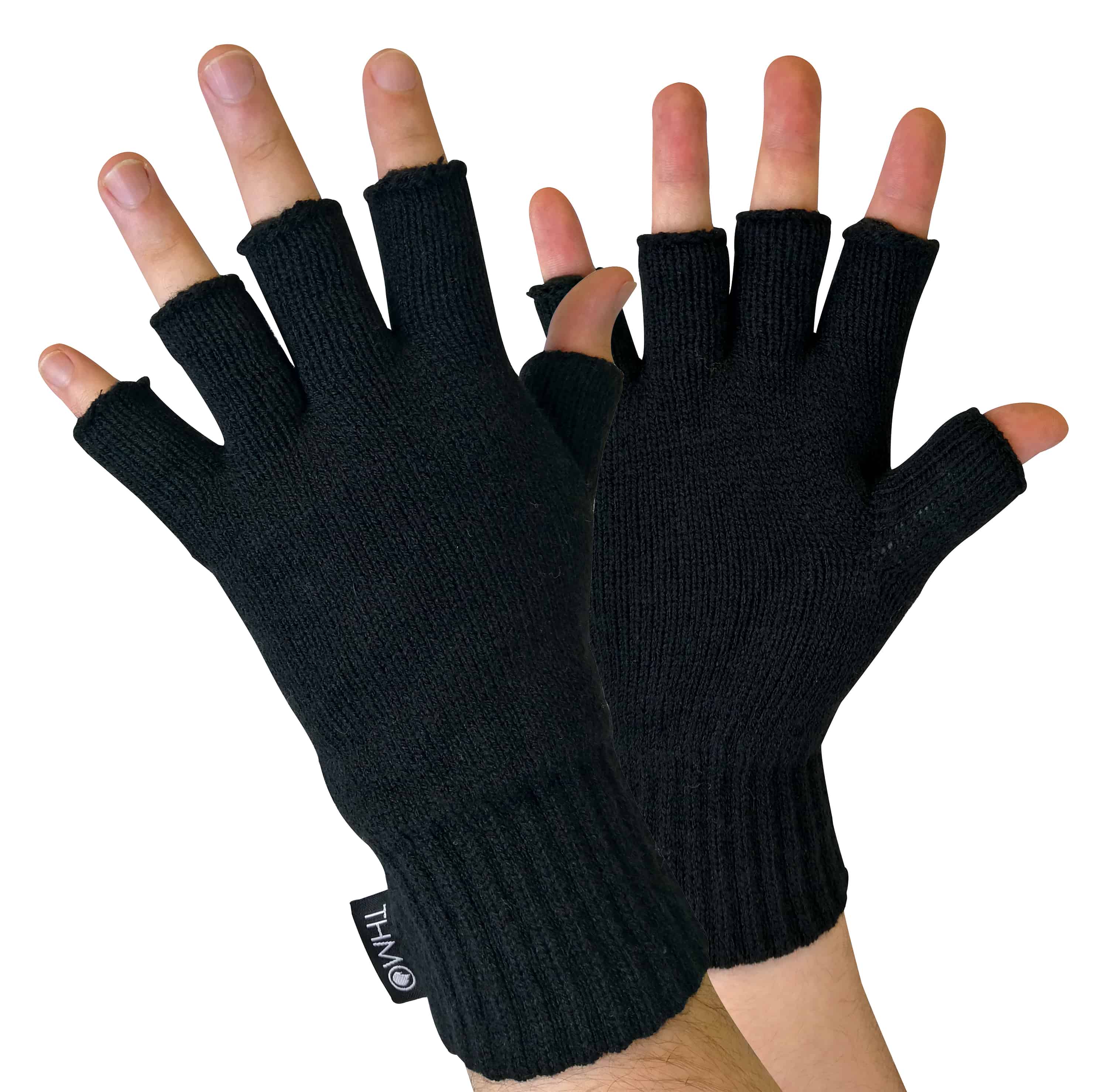 THMO - Mens Black 3M Thinsulate Insulation Lined Fingerless Gloves - Size Medium