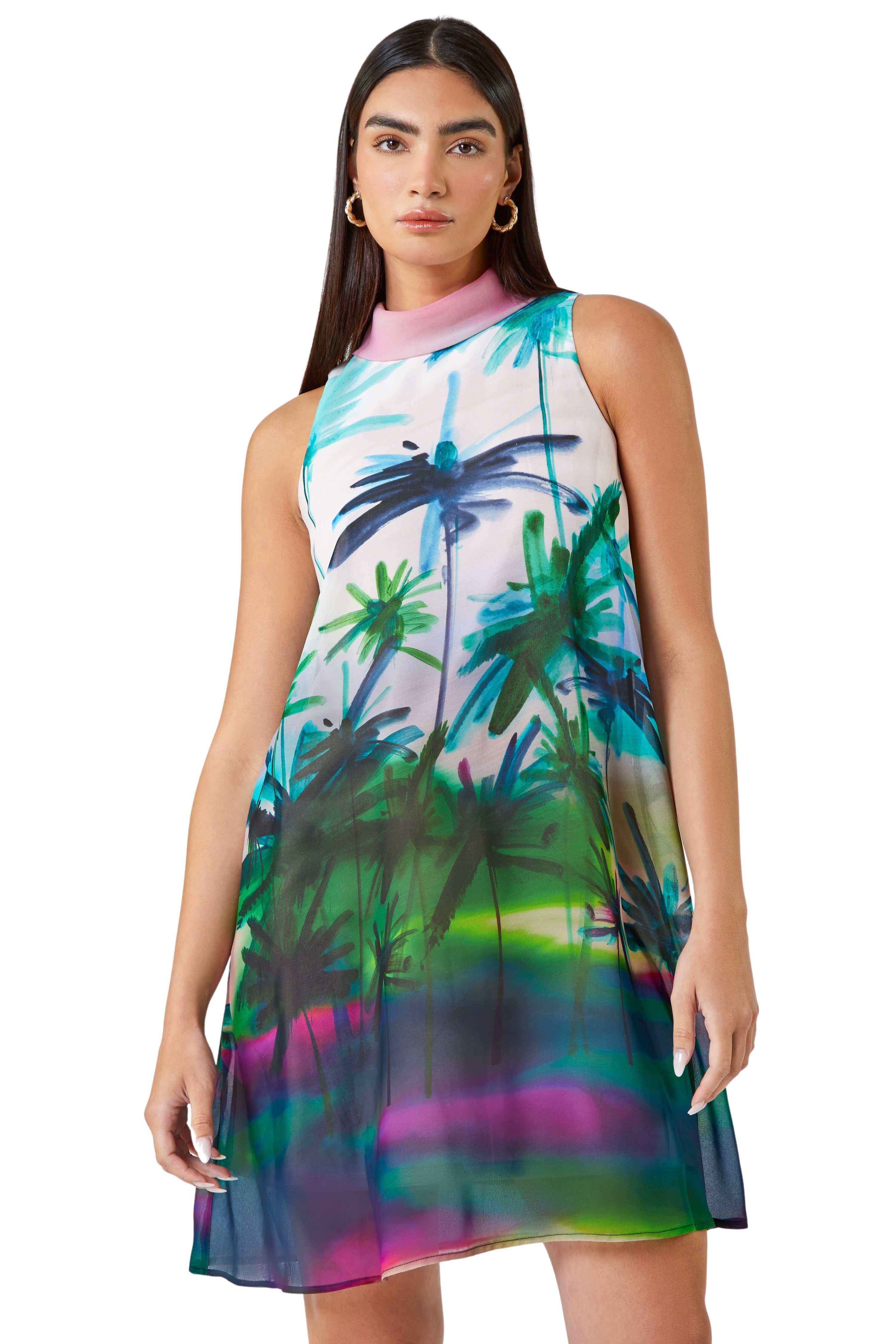 Roman Limited Womens Tropical High Neck Shift Dress - Green - Size 10 UK