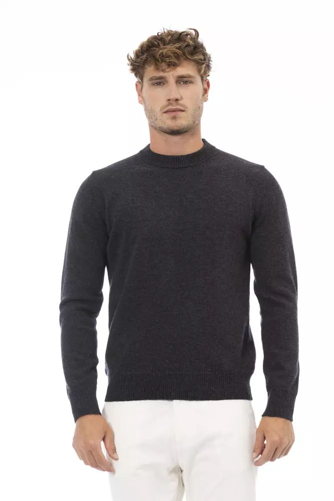 Alpha Studio Mens Wool Crewneck Sweater with Ribbed Collar and Cuffs - Grey - Size IT 52 (Men's)