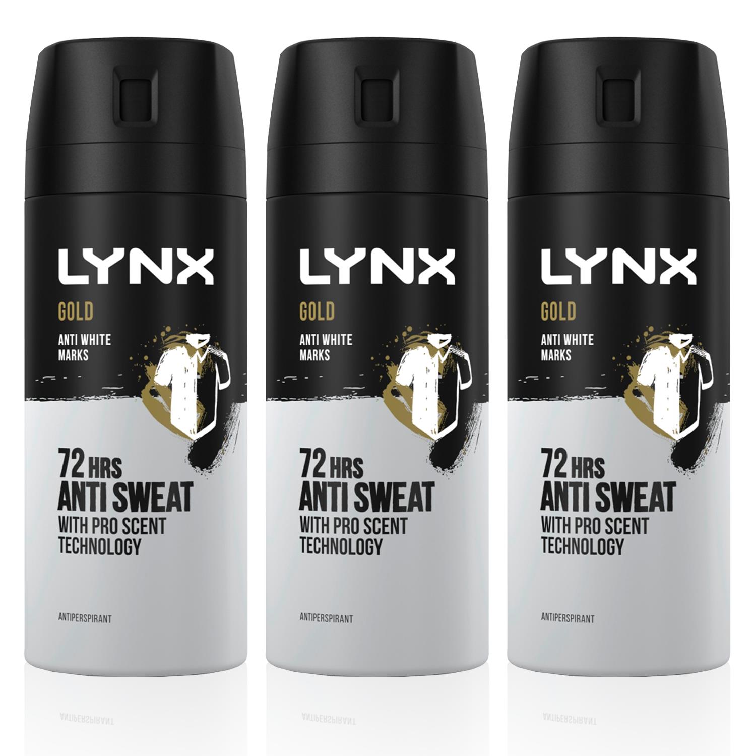 Lynx Mens Gold 72 HRS Anti Sweat Anti-Perspirant Body Spray for Men, 3x150ml - Size 150 ml