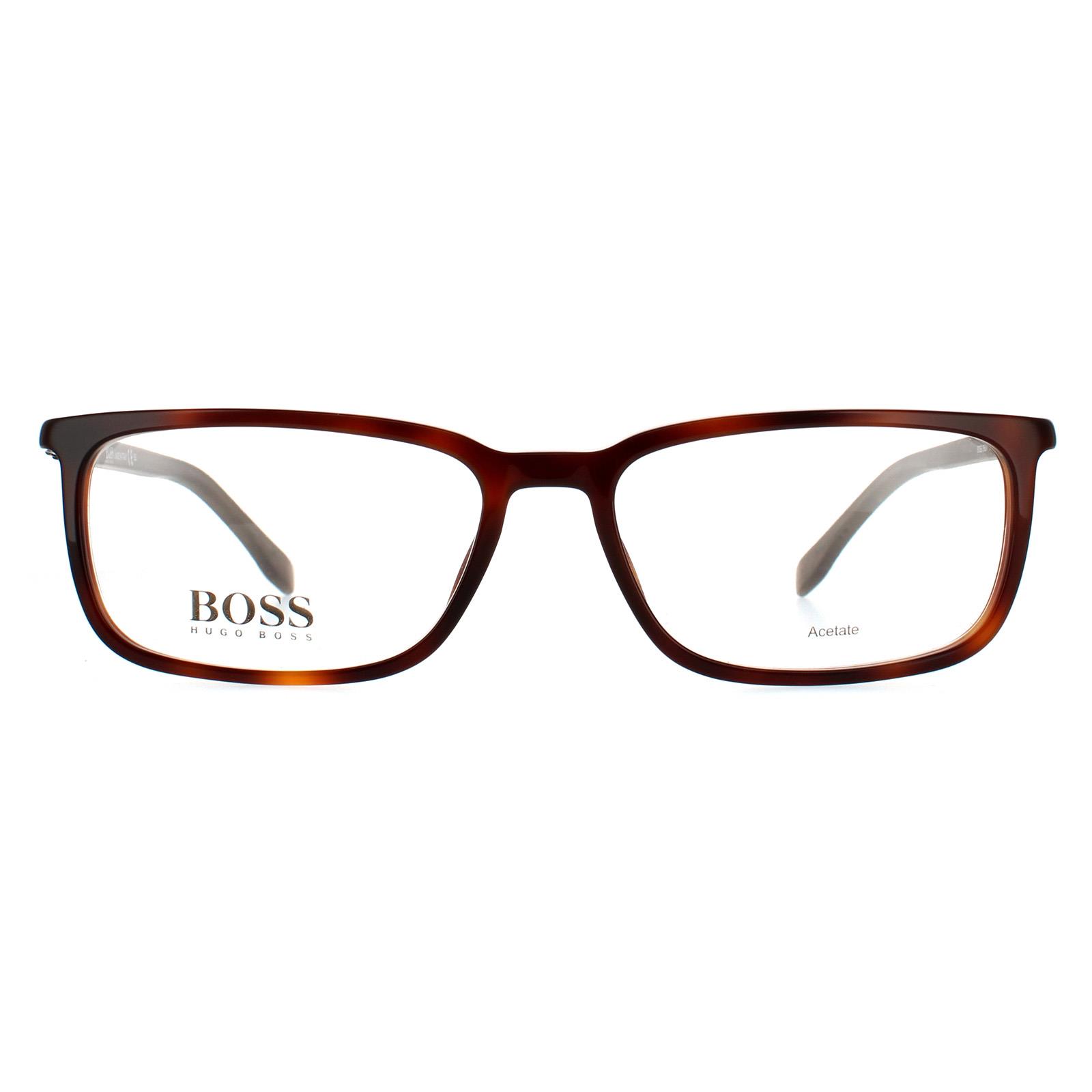 Hugo Boss Rectangular Mens Dark Havana and Matte Grey Opal Glasses Frames - Brown - One Size