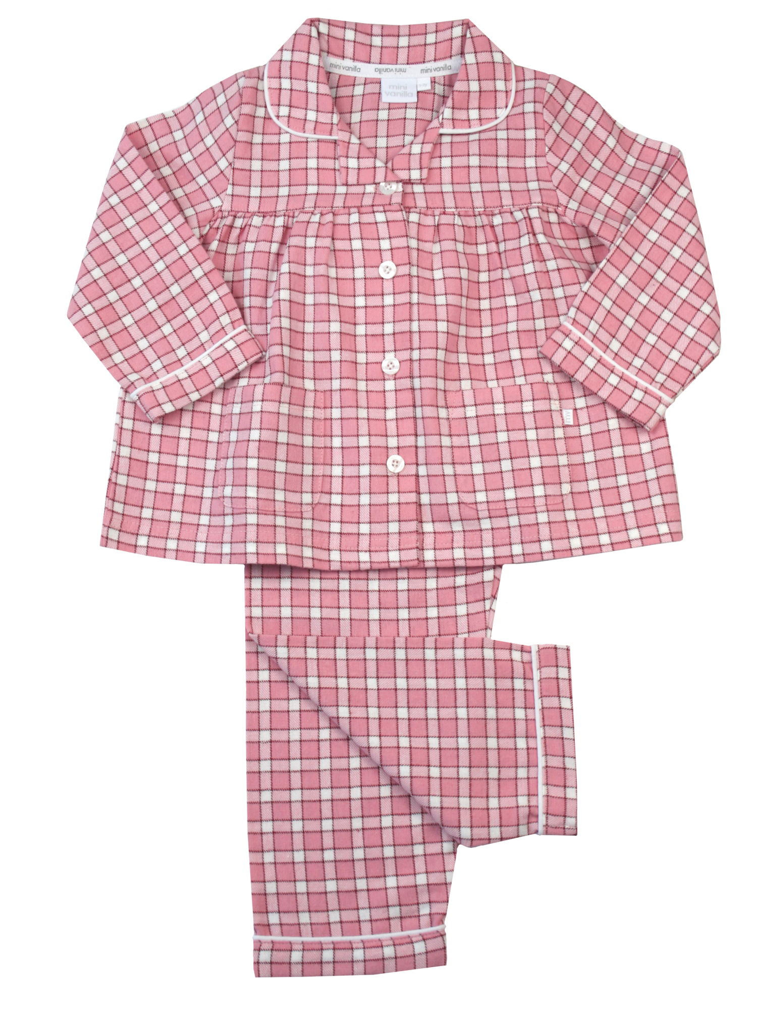 Mini Vanilla Girls Tradional Cotton Peony Pink Check Pyjamas Set. - Size 1-2Y