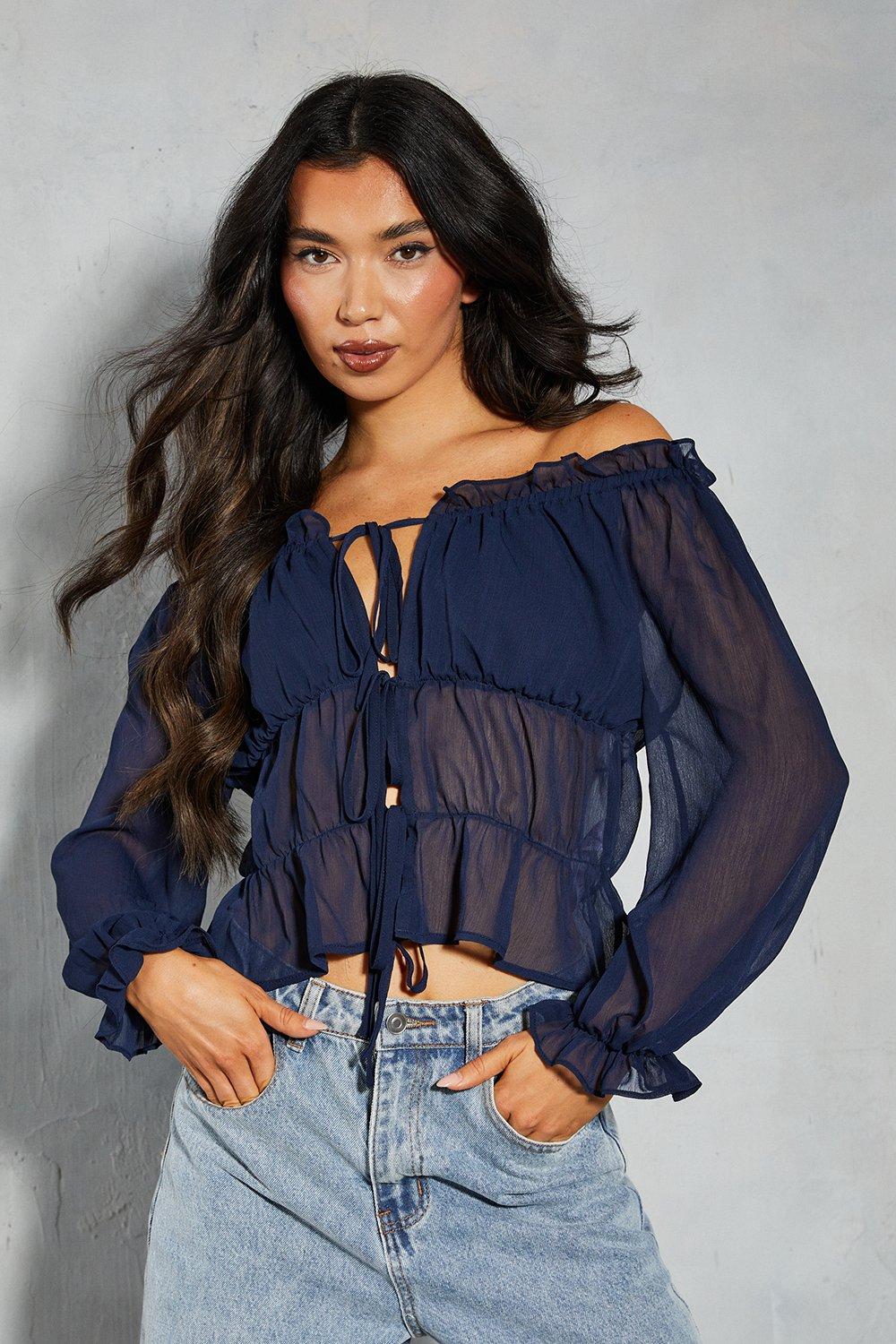 MissPap Womens Sheer Ruched Off The Shoulder Top - Navy - Size 6 UK