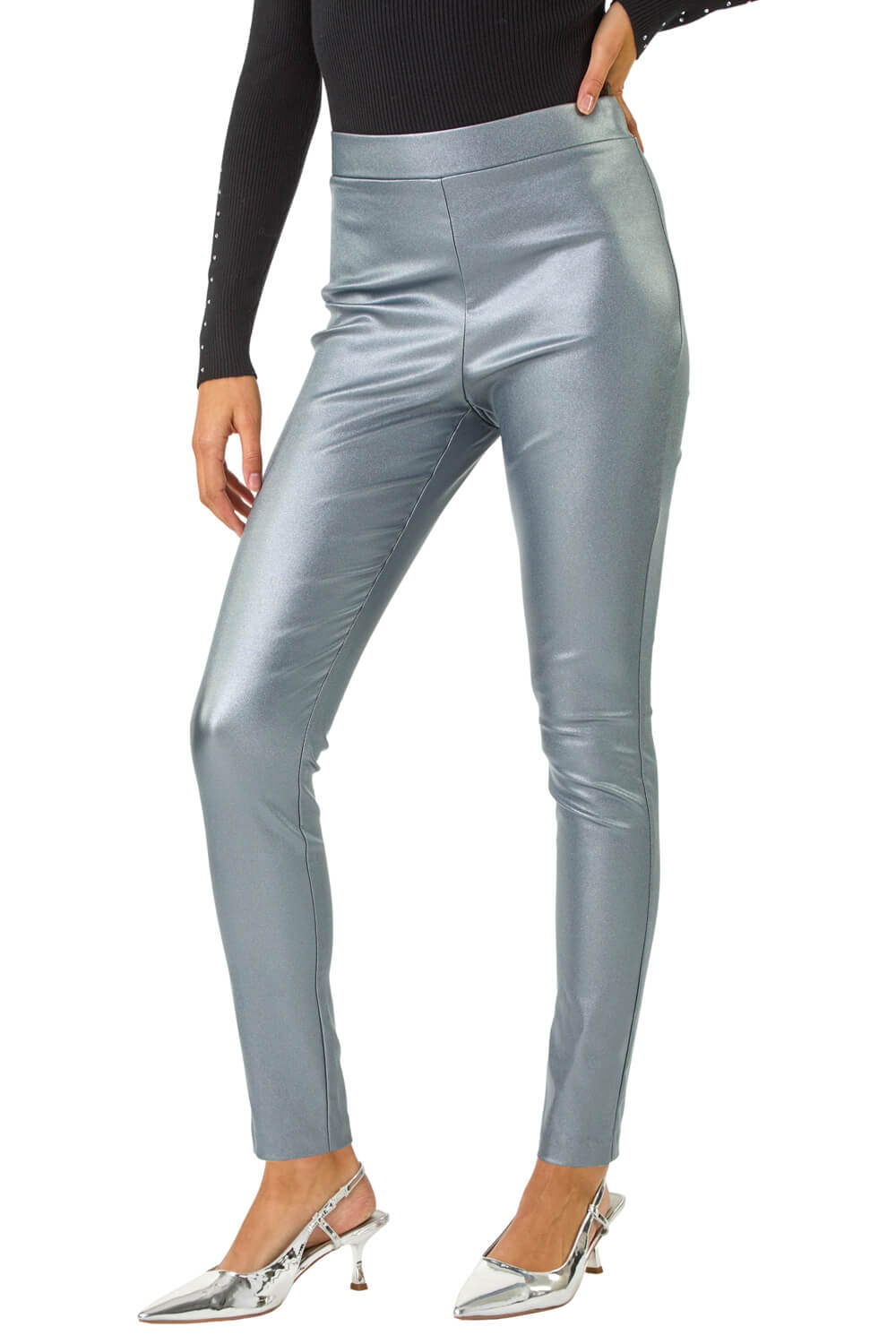 Roman Womens Coated Bengaline Stretch Trouser - Silver - Size 14 UK