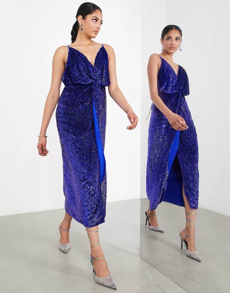Asos Edition Womens Sequin Twist Front Cami Midi Dress In Purple - Size 6 Uk