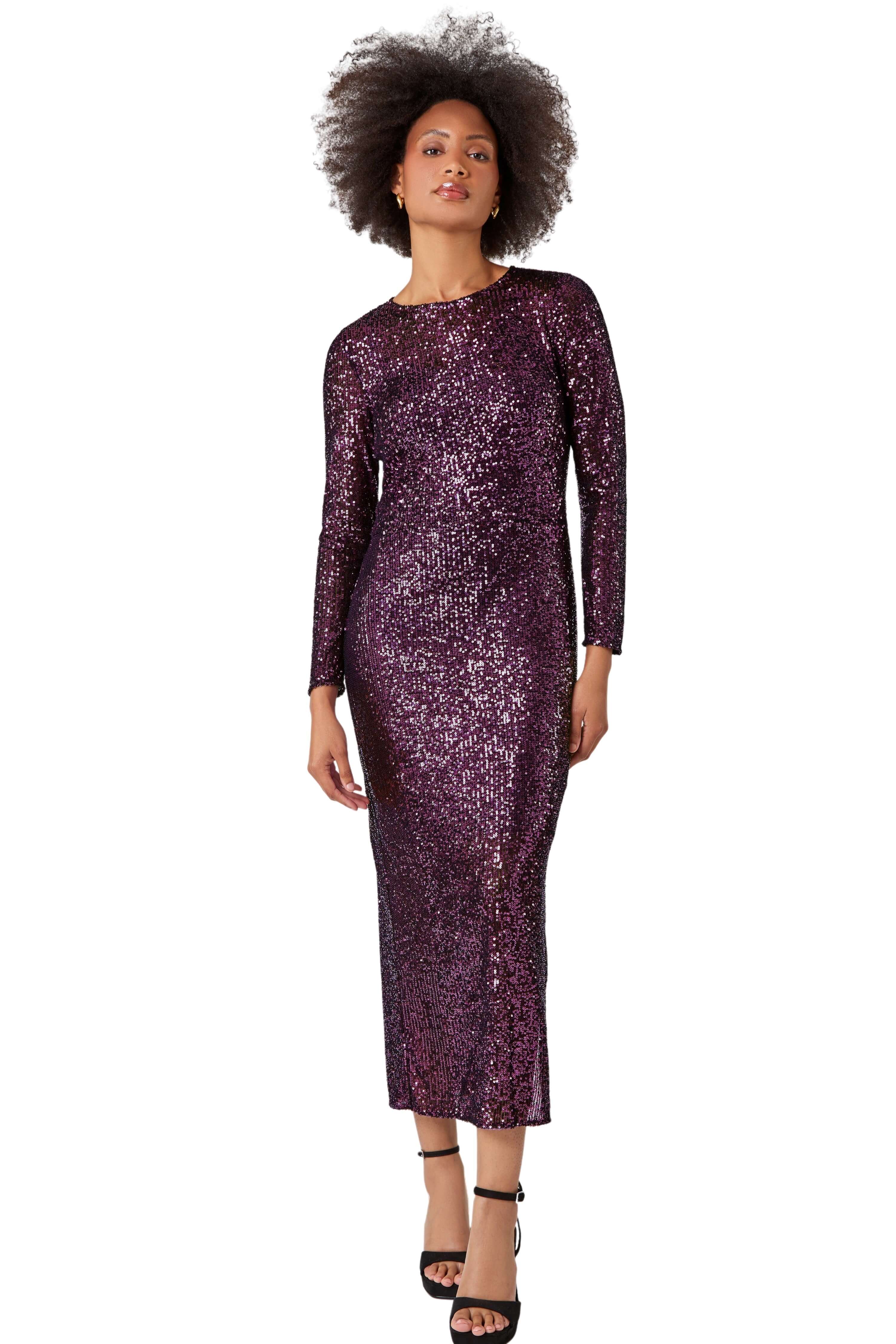 Dusk Womens Sequin Embellished Midi Stretch Dress - Purple - Size 10 UK