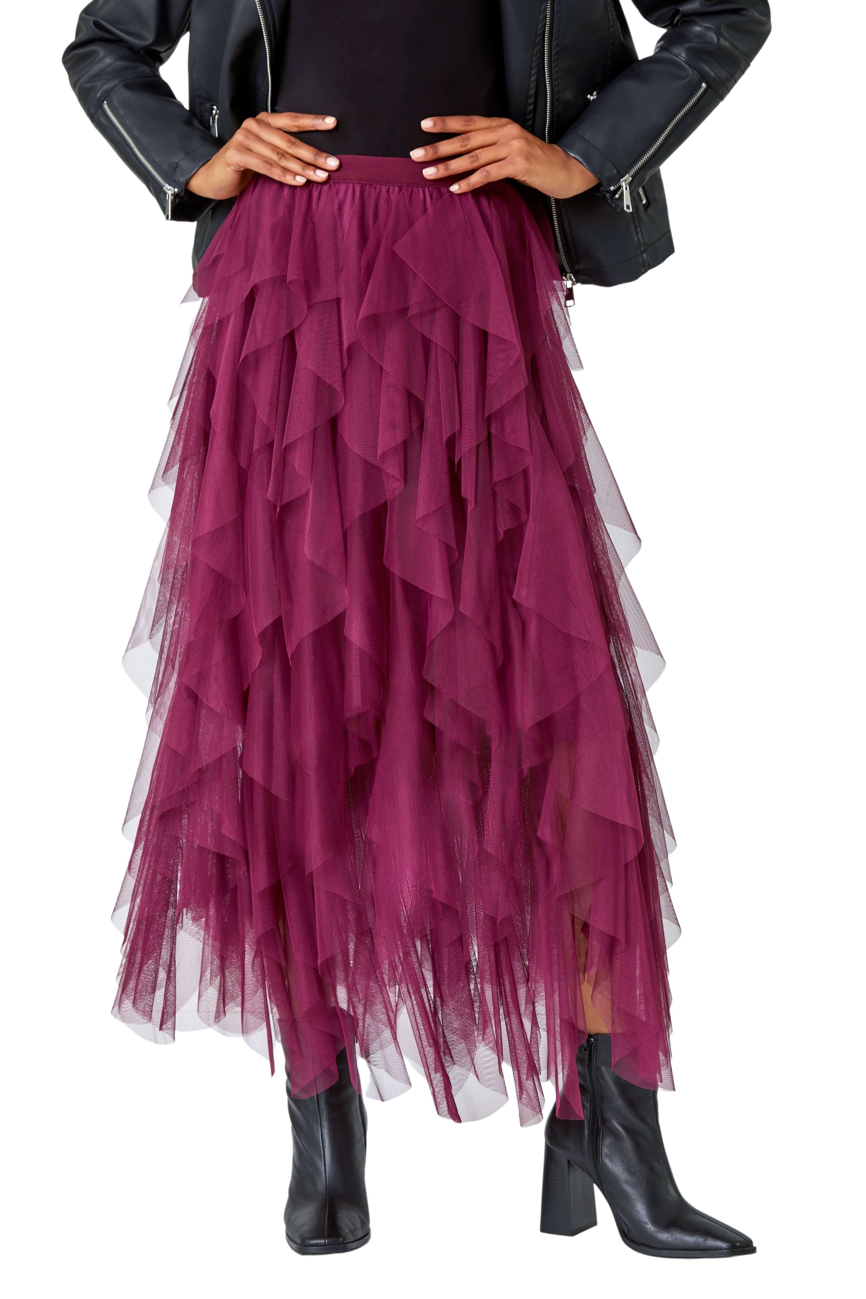 Roman Womens Elastic Waist Mesh Layered A Line Skirt - Purple - Size 16 Uk