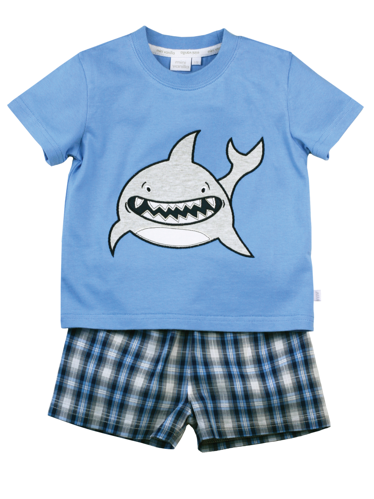 Mini Vanilla Boys' Smiley Shark Shortie Cotton Pyjamas - Blue - Size 5-6Y