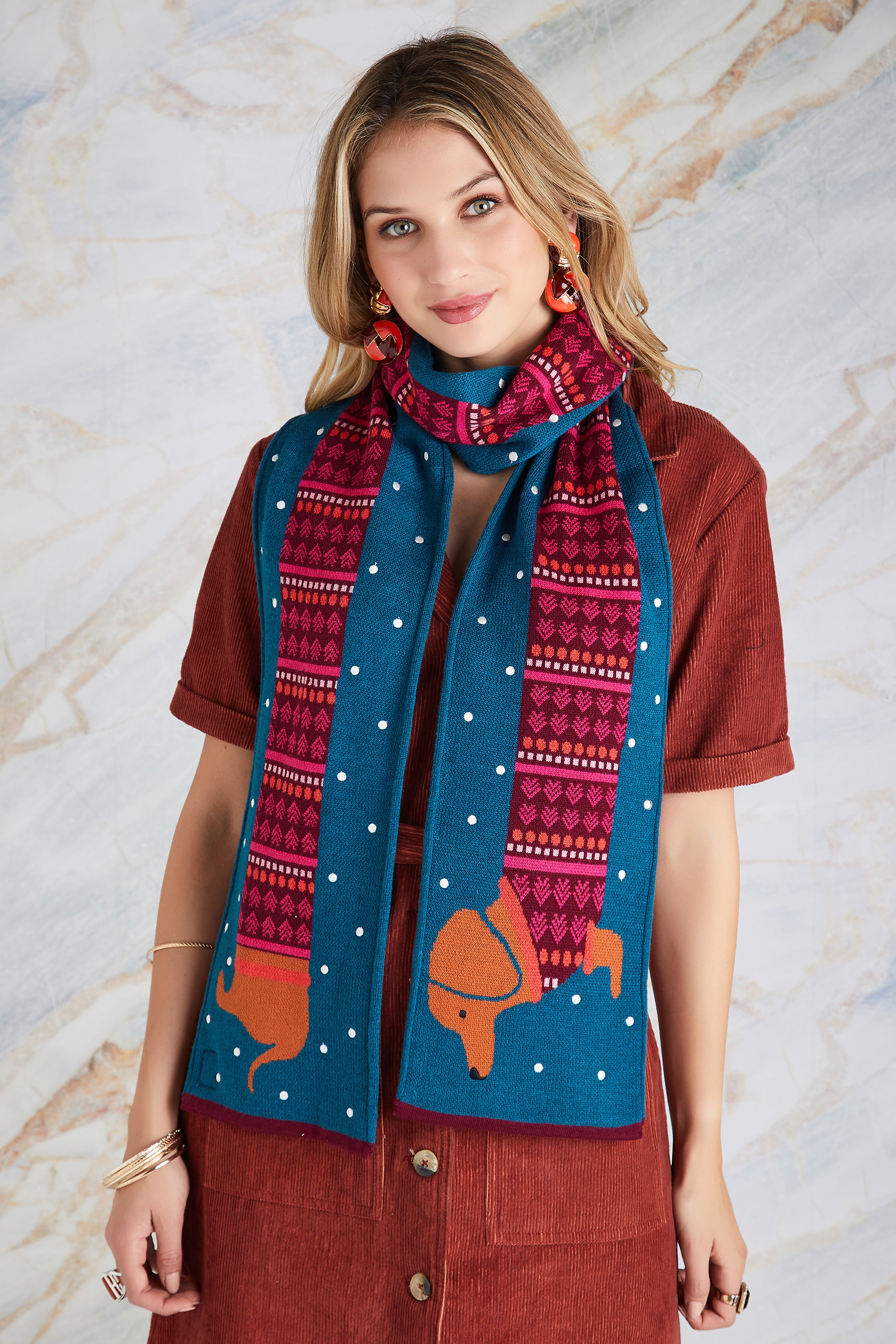 Yumi Womens Sausage Dog Scarf - Blue Wool - One Size