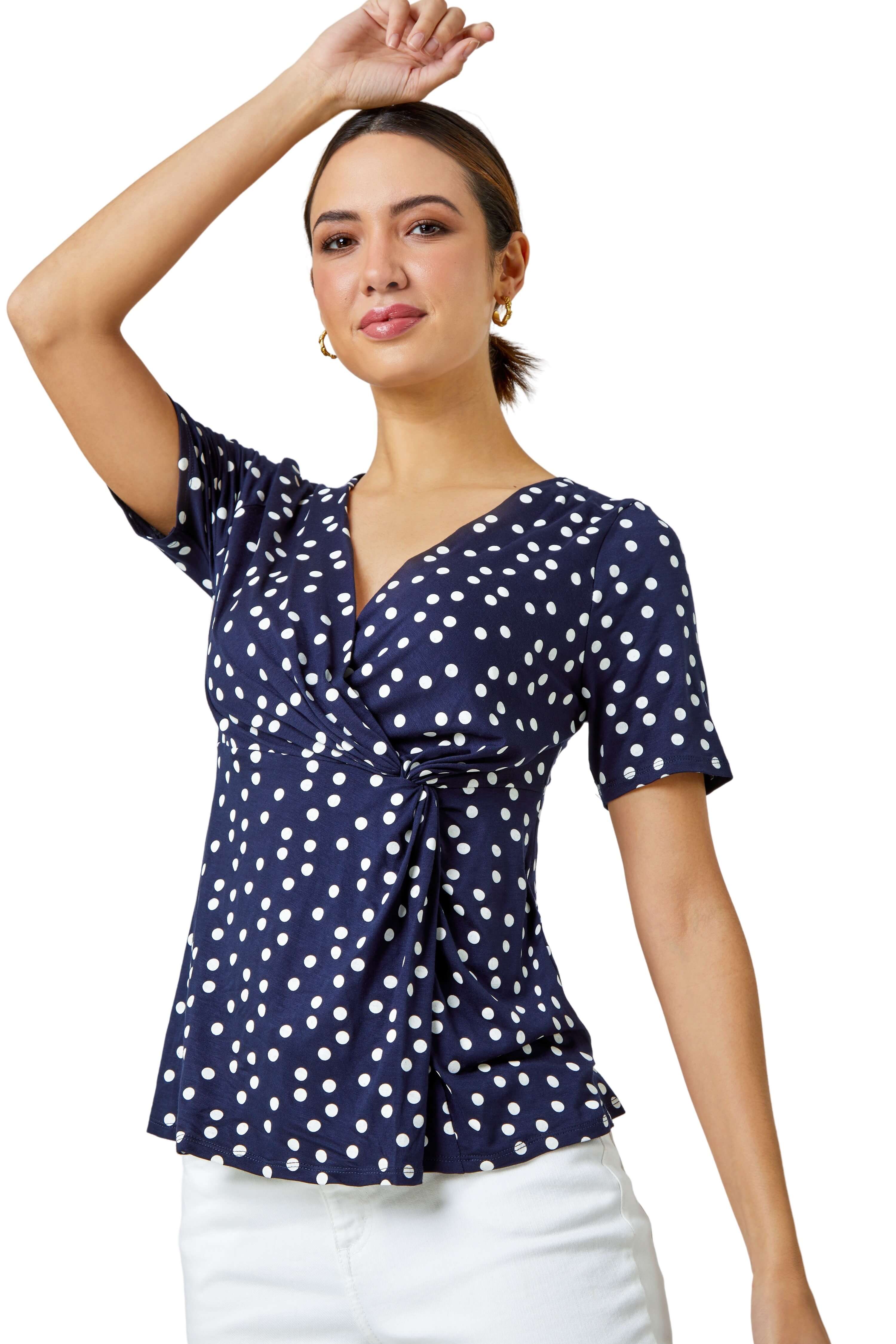 Roman Womens Spot Print Side Twist Wrap Top - Navy - Size 12 UK