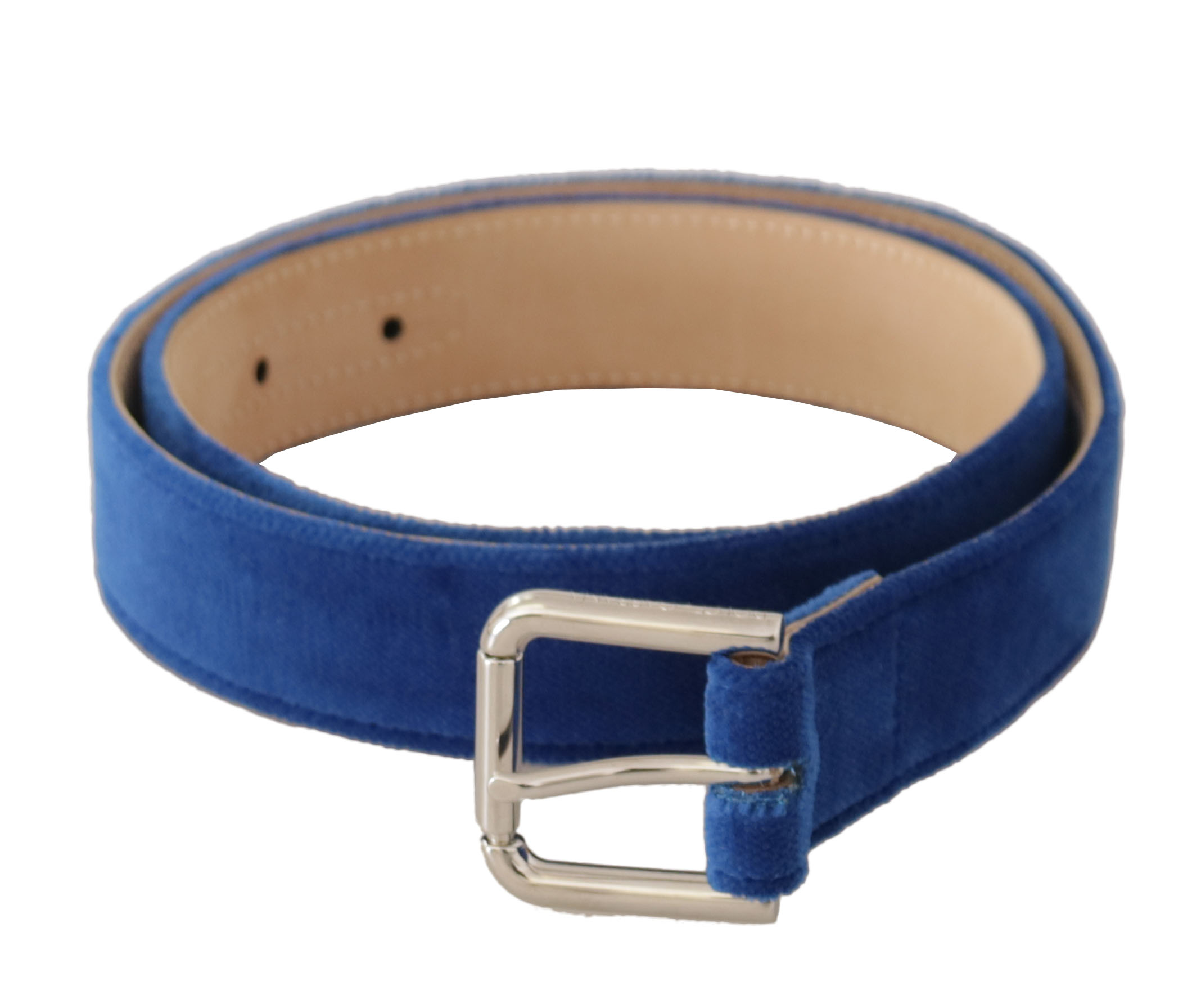 Dolce & Gabbana WoMens Blue Velvet Silver Logo Engraved Metal Buckle Belt - Size 75 cm