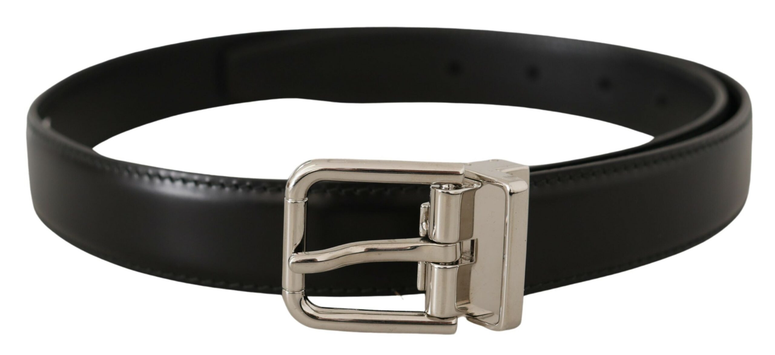 Dolce & Gabbana Mens Black Calf Leather Logo Engraved Metal Buckle Belt - Size 75 cm