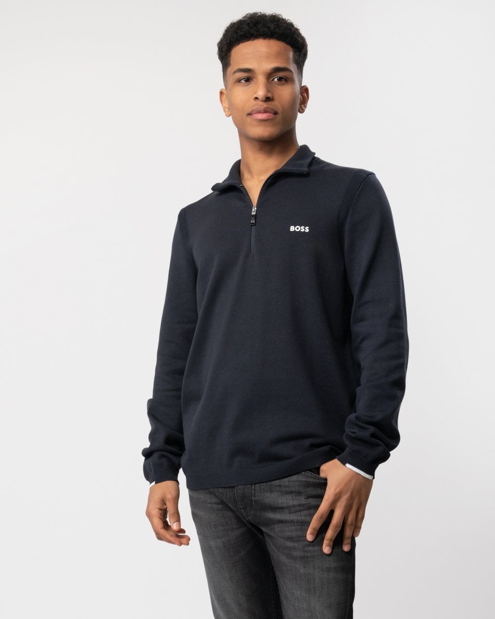 BOSS Green Ever-X Mens Cotton Blend Zip-Neck Sweater with Logo Print - Dark Blue - Size X-Large