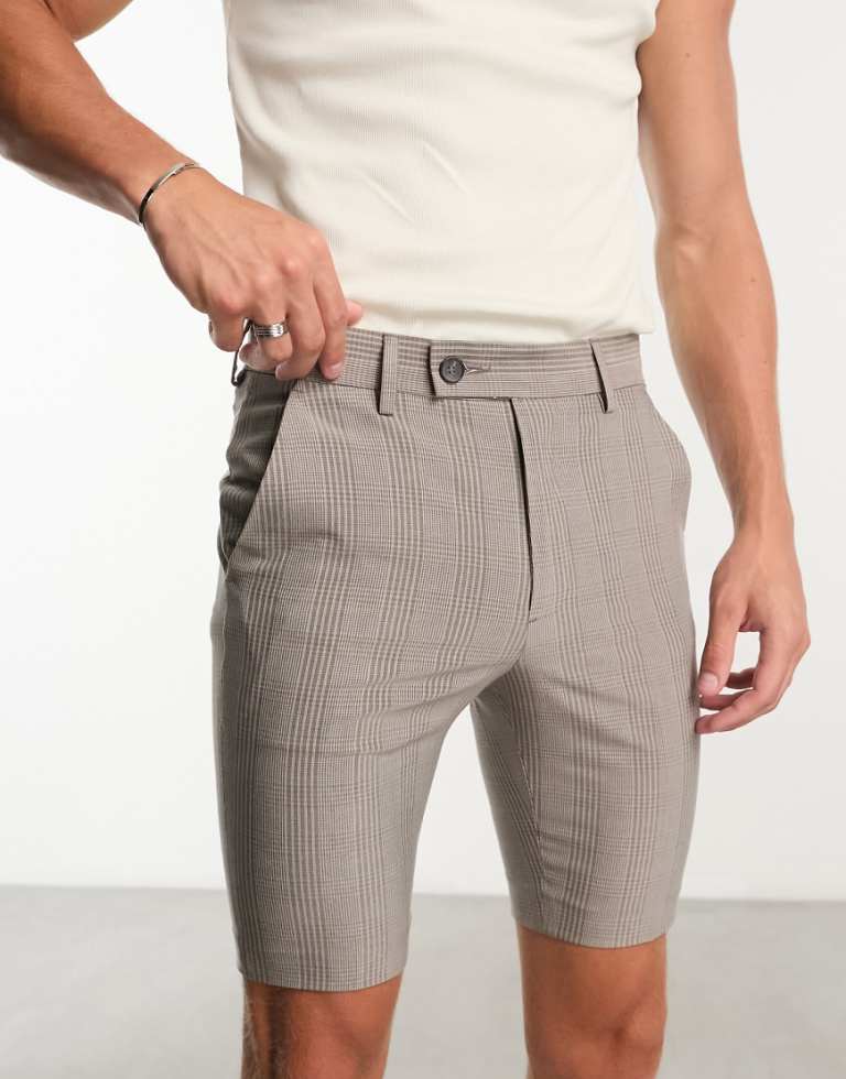 ASOS DESIGN Mens smart super skinny shorts in prince of wales check in stone-Neutral - Size 29 (Waist)