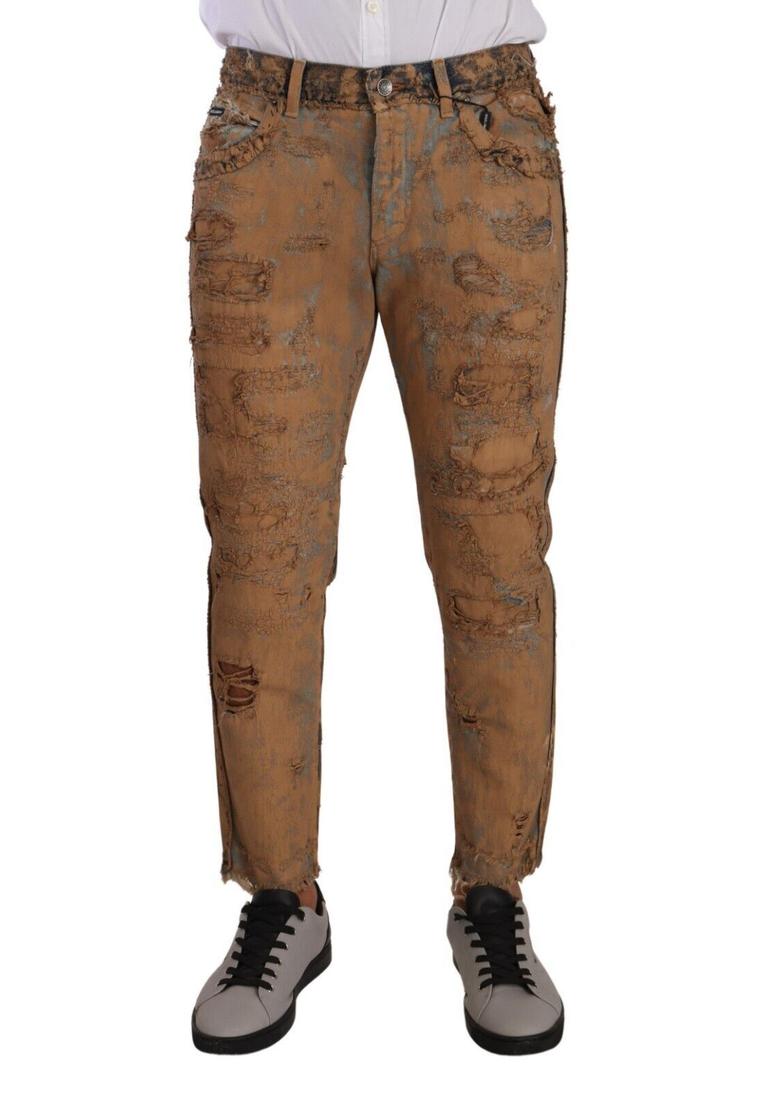 Dolce & Gabbana Mens Brown Distressed Cotton Regular Denim Jeans material_cotton - Size IT 48 (Mens)