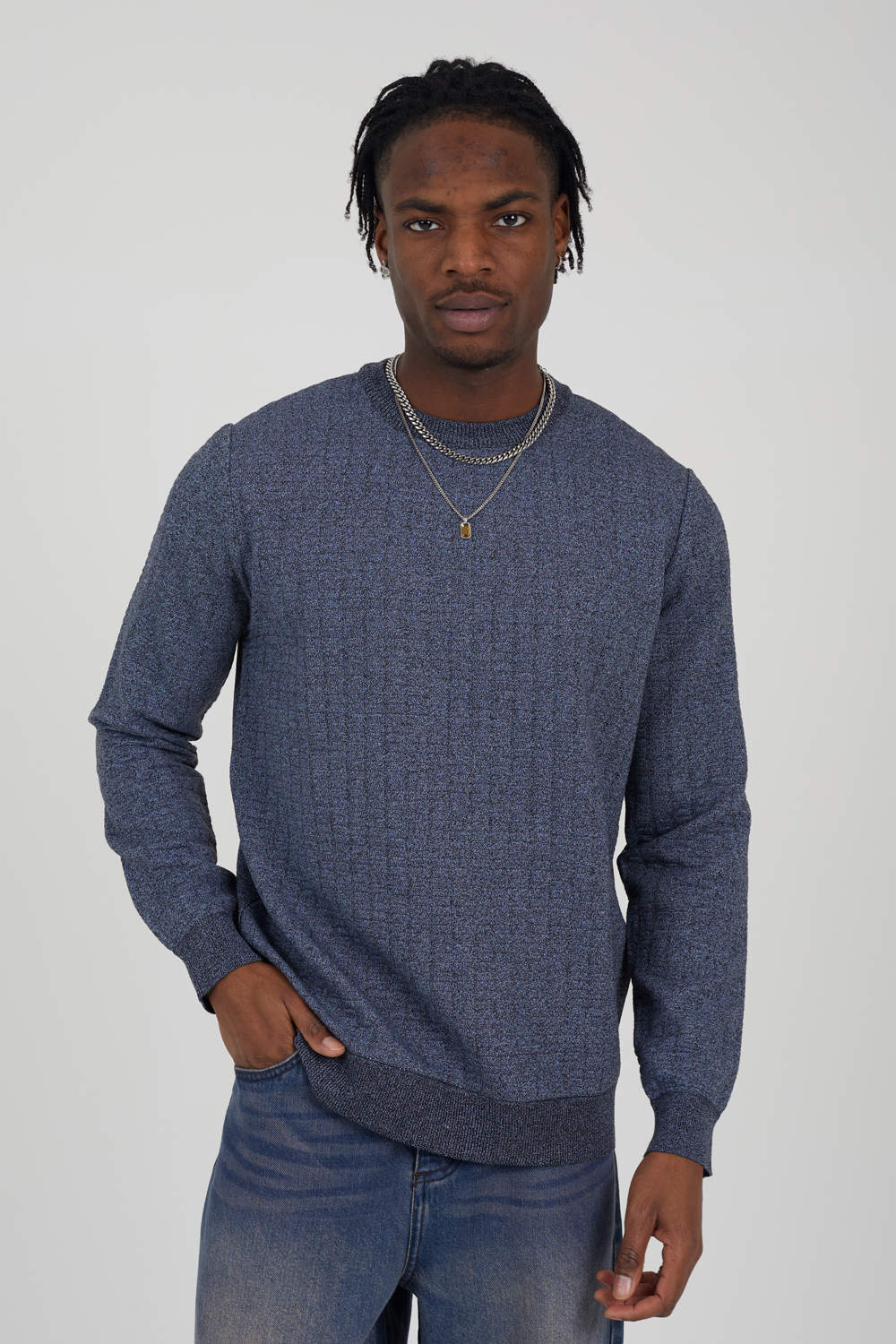 Brave Soul Mens Blue Crew Neck Jaquard Knit Jumper - Size 2XL