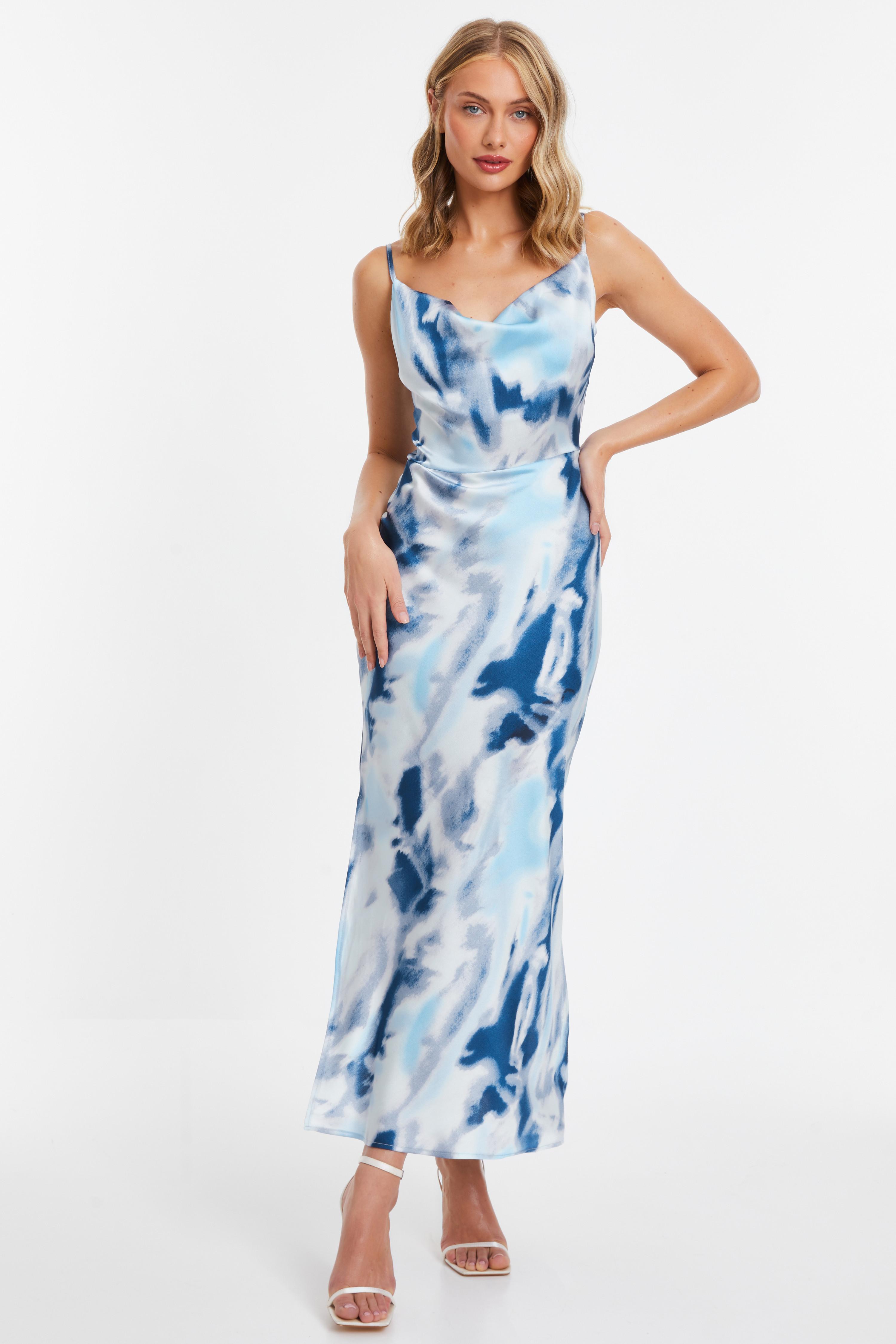 Quiz Womens Blue Satin Marble Print Midi Dress - Size 10 UK