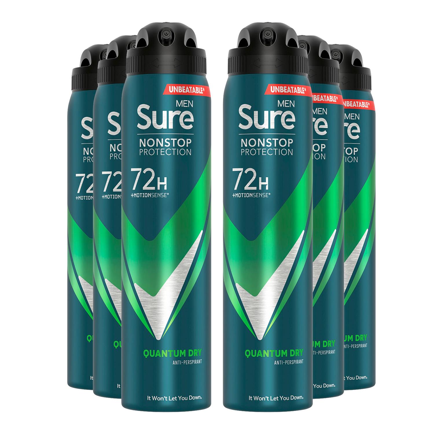 Sure Mens Men Anti-perspirant 72H Nonstop Protection Quantum Dry Deodorant 250ml, 6 Pack - NA - One Size