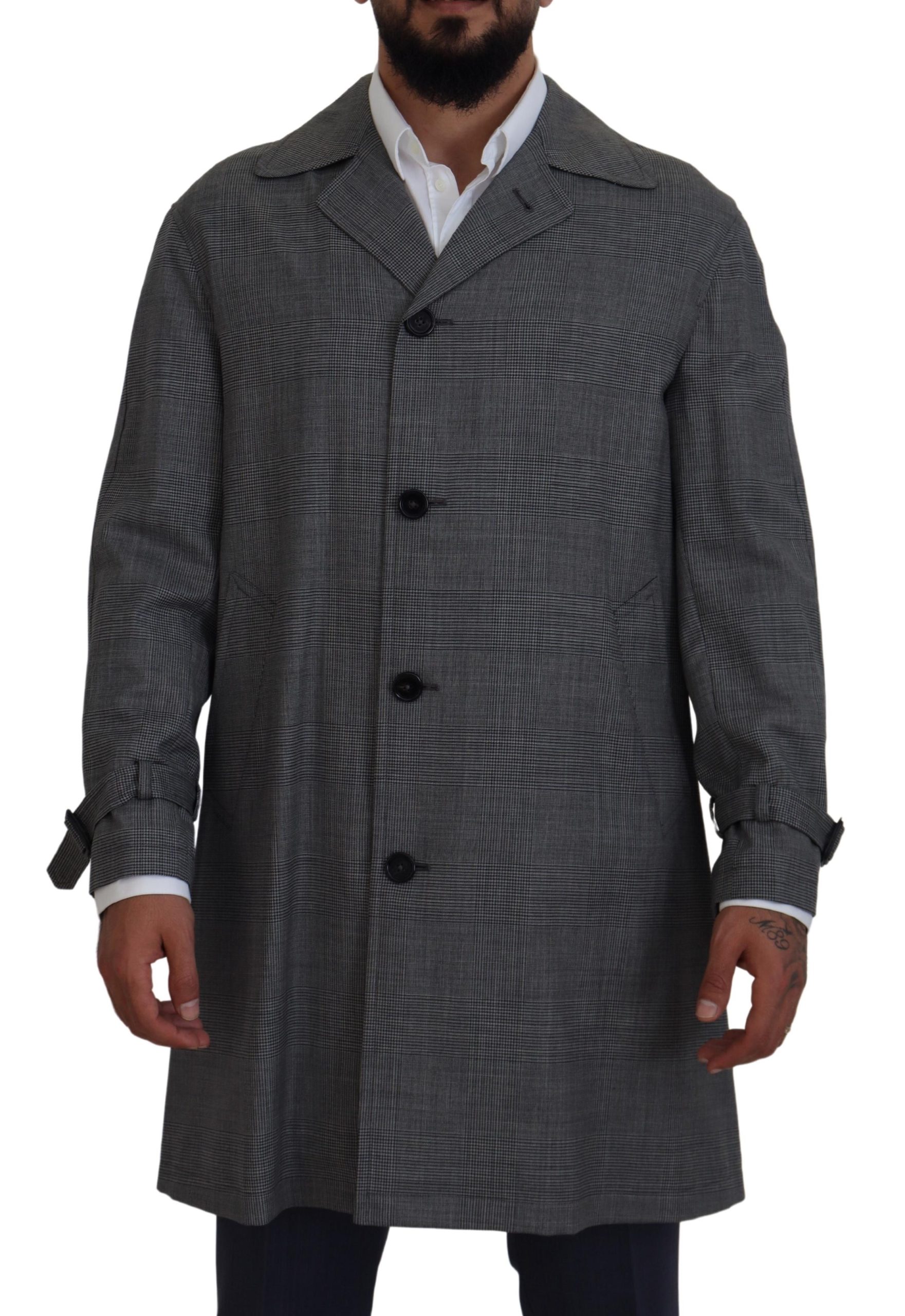 Dolce & Gabbana Mens Plaid Wool Trench Coat - Grey - Size IT 48 (Men's)