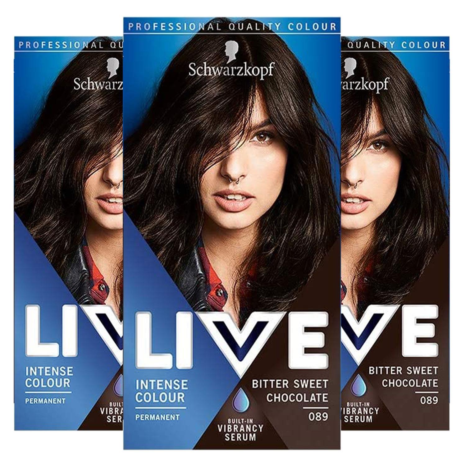 Schwarzkopf Womens 3x LIVE Bitter Sweet Chocolate (brown) Permanent Hair Dye, Intense Colour 089 - One Size