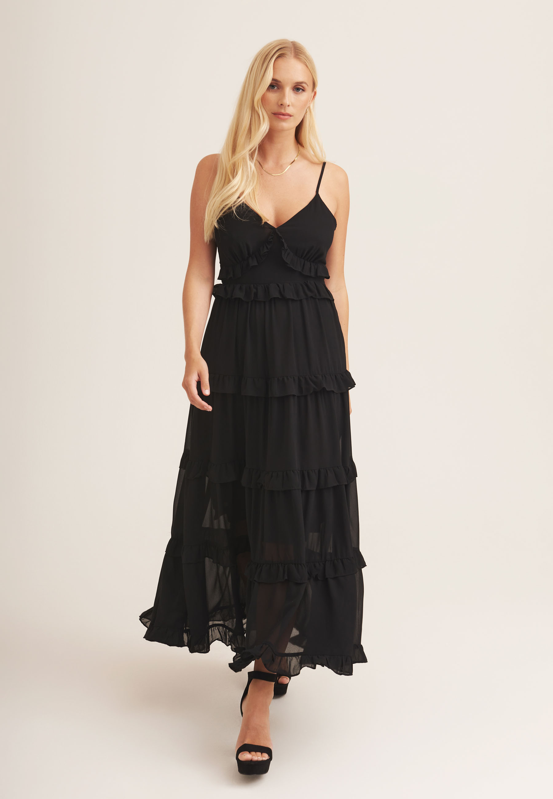 Gini London Womens Black Frill Tiered Midaxi Dress - Size 8 UK - Secret Sales