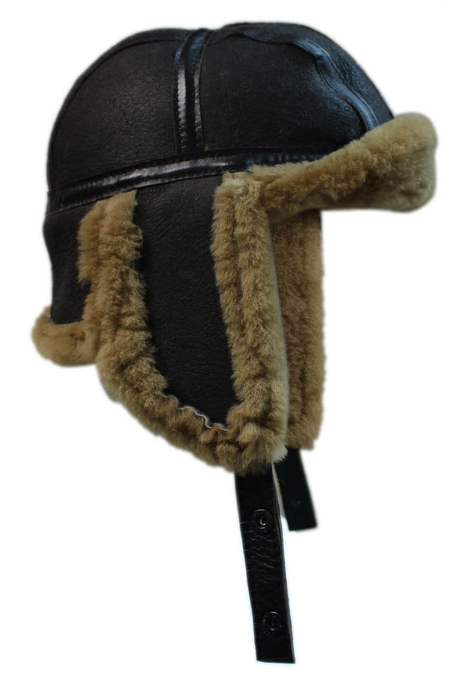 Infinity Leather Mens RAF Aviator Sheepskin B-55 Trapper Hat - Brown - Size Large