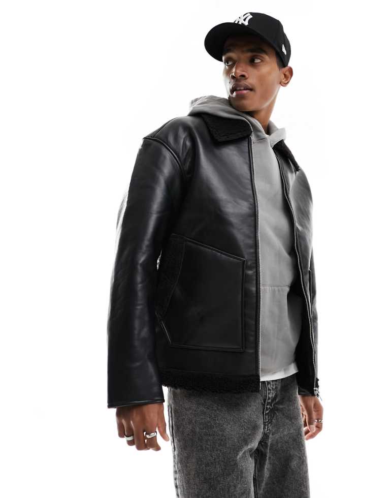 Jack & Jones Mens Faux Shearling Jacket In Black - Size Medium