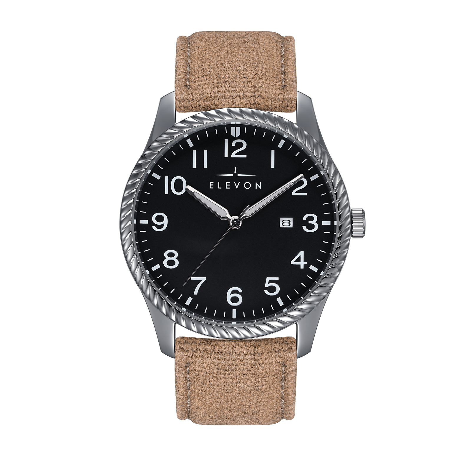 Elevon Mens Crosswind Canvas-Overlaid Leather-Band Watch w/ Date - Khaki Metal - One Size