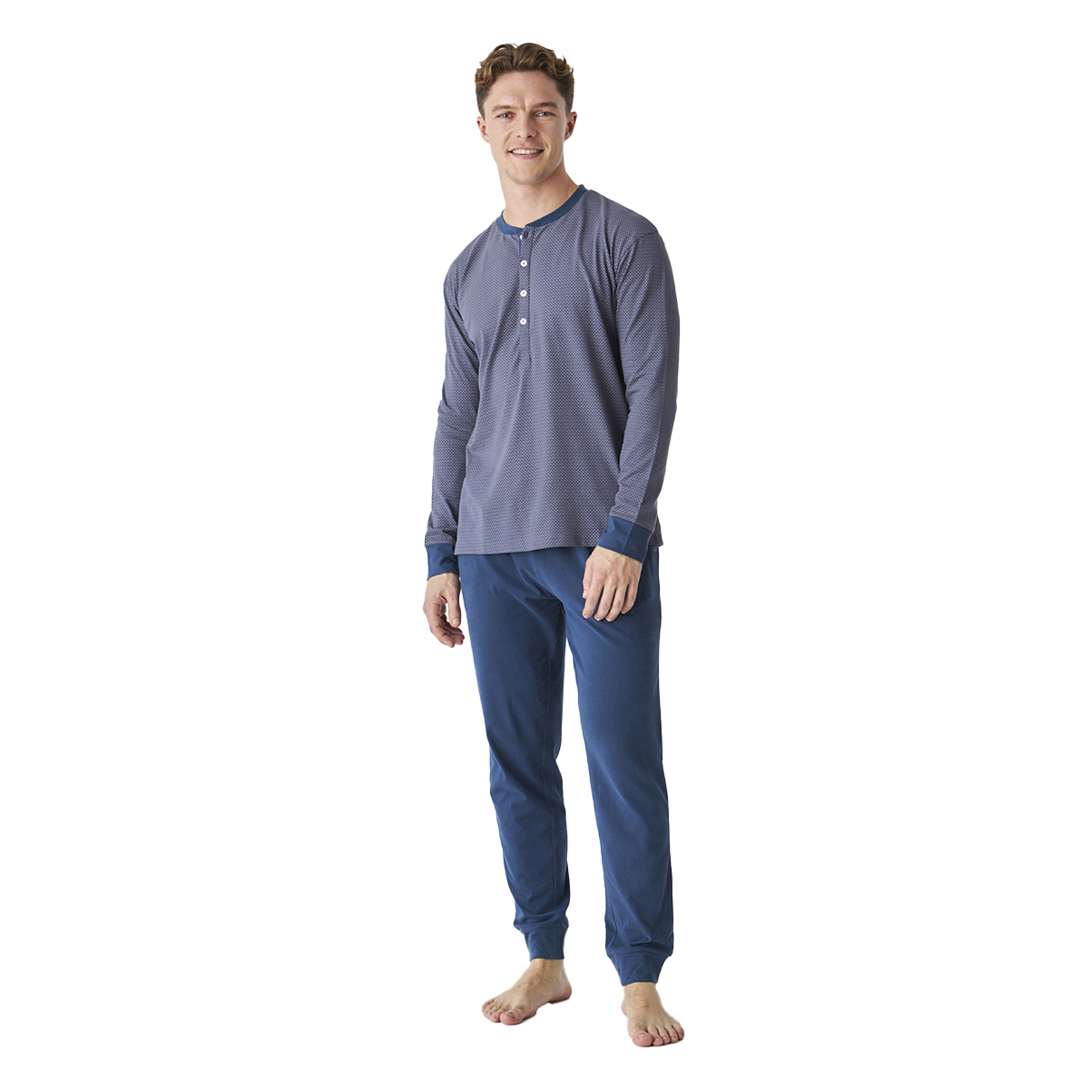 J&J Brothers JJB12 Mens Long Sleeve Round Neck Cotton Pajamas - Blue - Size Medium