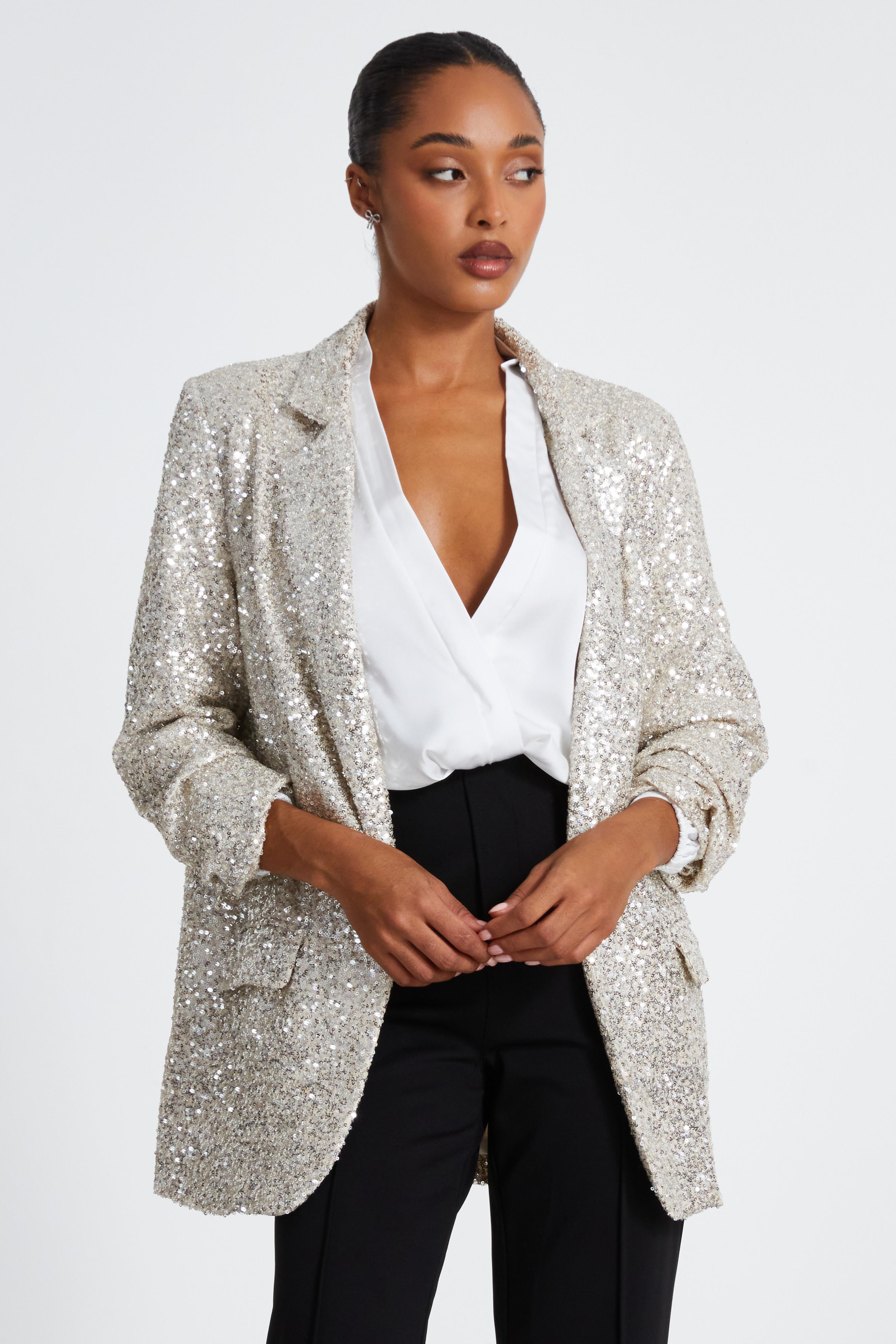 Quiz Womens Champagne Sequin Tailored Blazer - Size 14 Uk