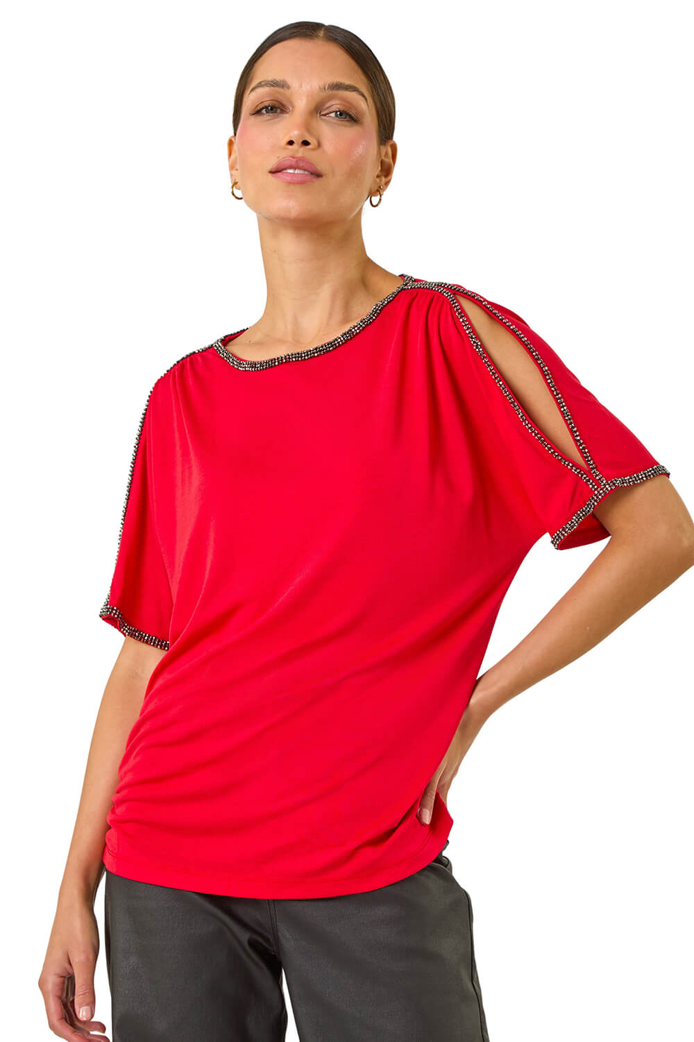 Roman Womens Sparkle Trim Tee - Red - Size 16 UK