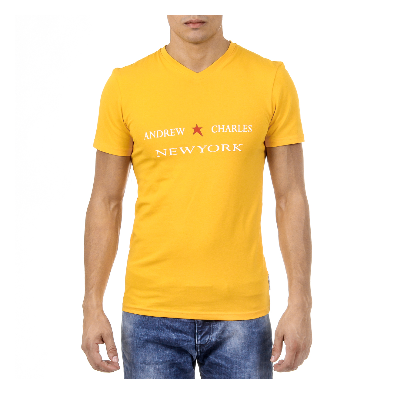 Andrew Charles By Andy Hilfiger Mens T-Shirt Short Sleeves V-Neck Yellow KENAN - Size Small