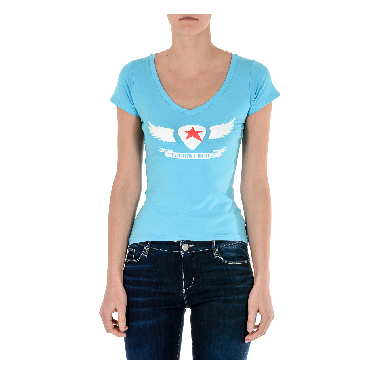 Andrew Charles By Andy Hilfiger Womens T-Shirt Short Sleeves V-Neck Light Blue TAPIWA - Size Large