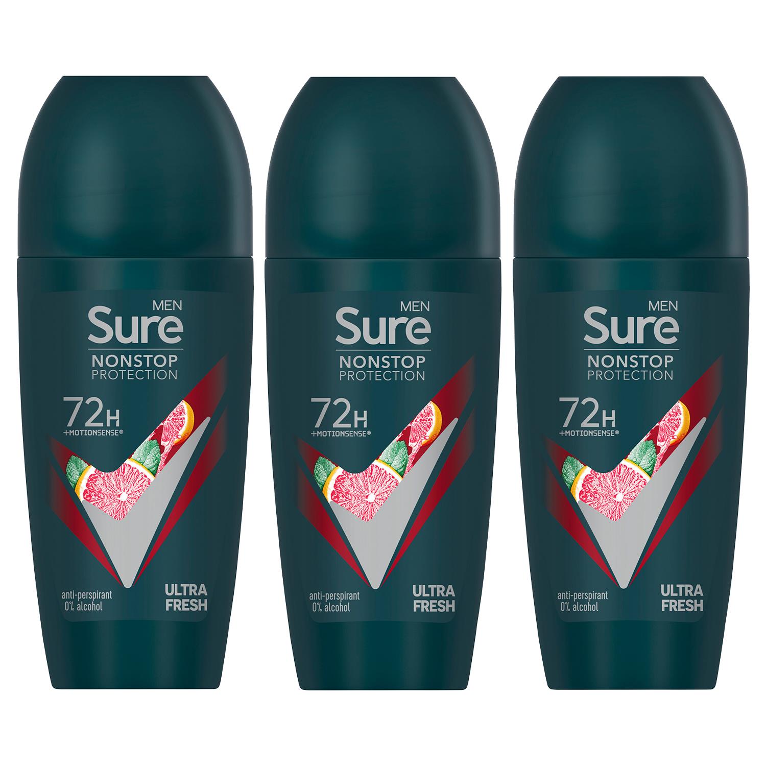 Sure Mens Men Antiperspirant Deodorant Roll On 72H Nonstop, Ultra Fresh, 50ml, 3 Pack - NA - One Size