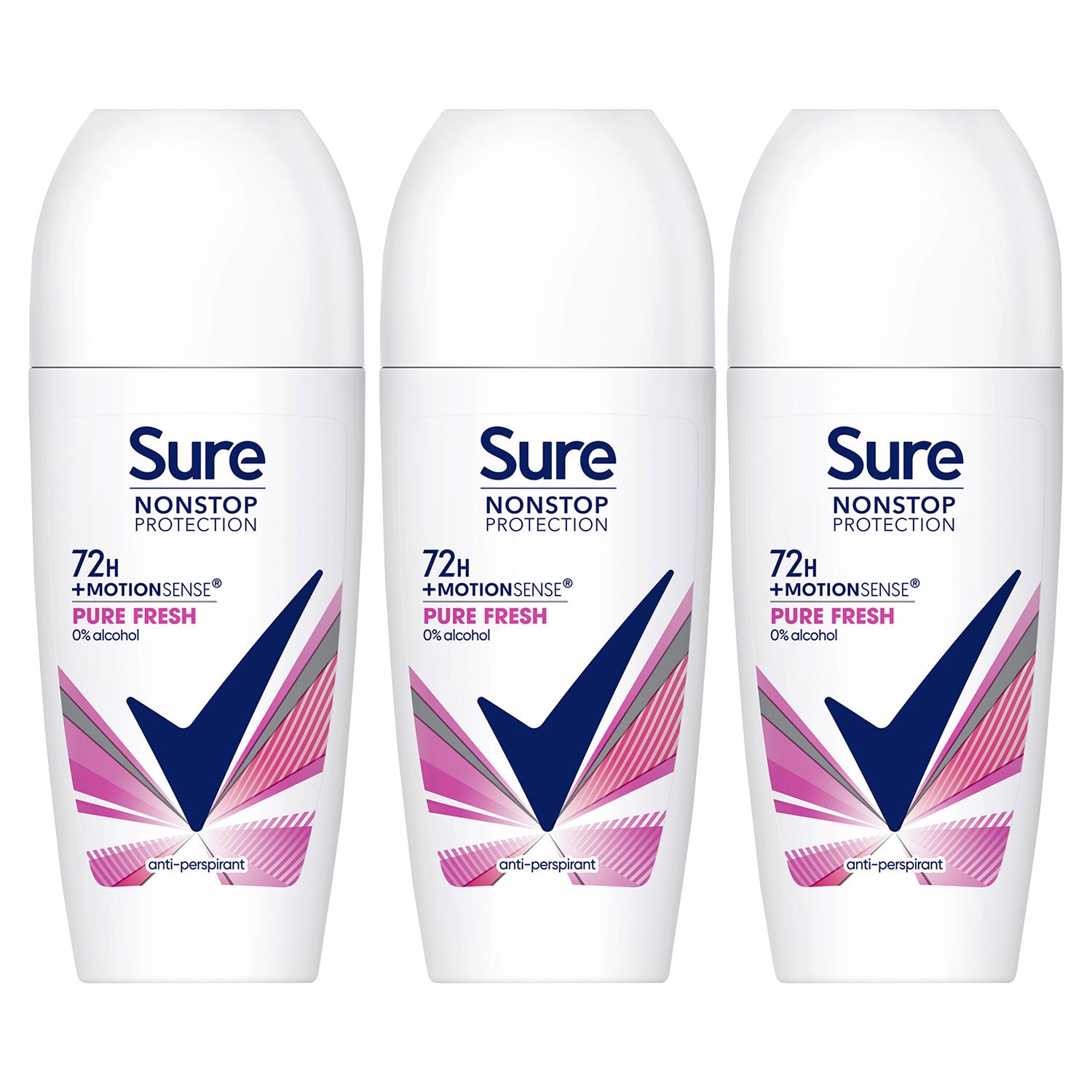 Sure Womens Women Motion Sense AP Deodorant Rollon 72H Nonstop, Pure Fresh, 50ml, 3 Pack - NA - One Size