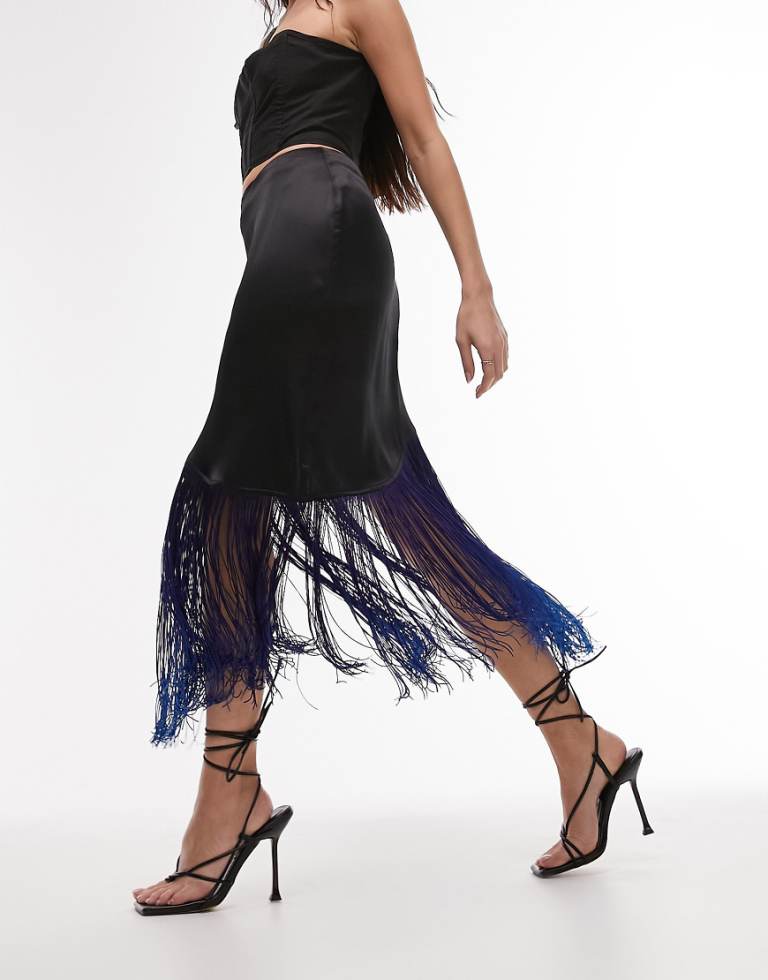 Topshop Womens ombre fringe midi skirt in blue and black - Size 4 UK