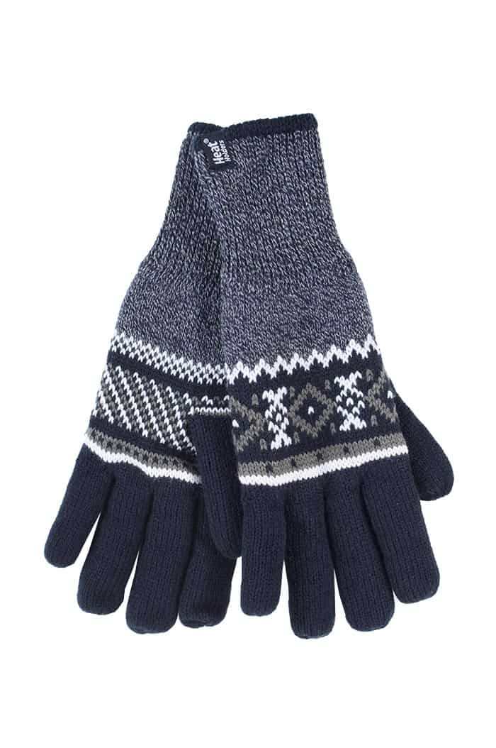 Heat Holders Mens Striped Nordic Fairisle Zig Zag Knitted Fleece Lined Warm Gloves - Blue - Size L/XL