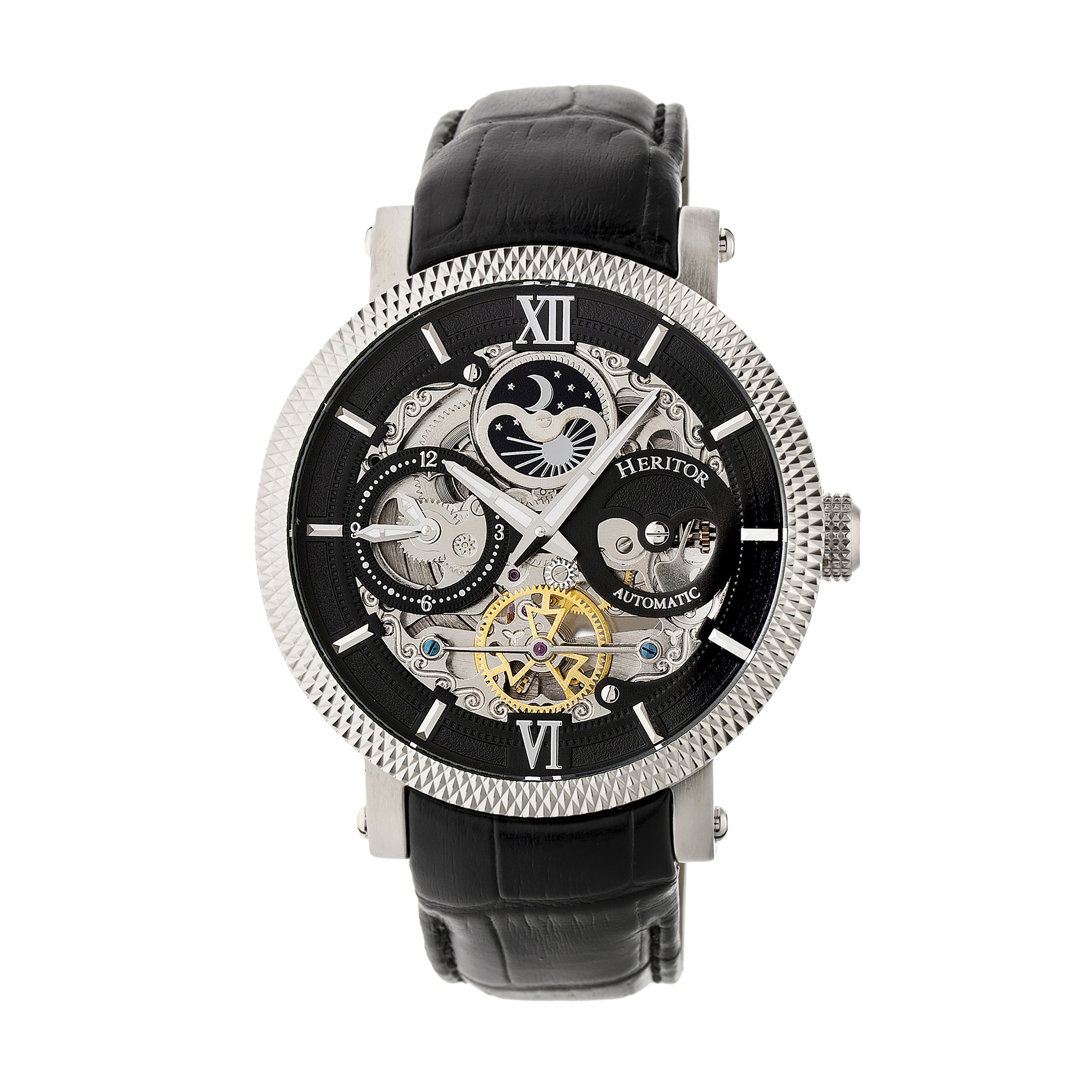 Heritor Automatic Mens Aries Skeleton Leather-Band Watch - Black Stainless Steel - One Size